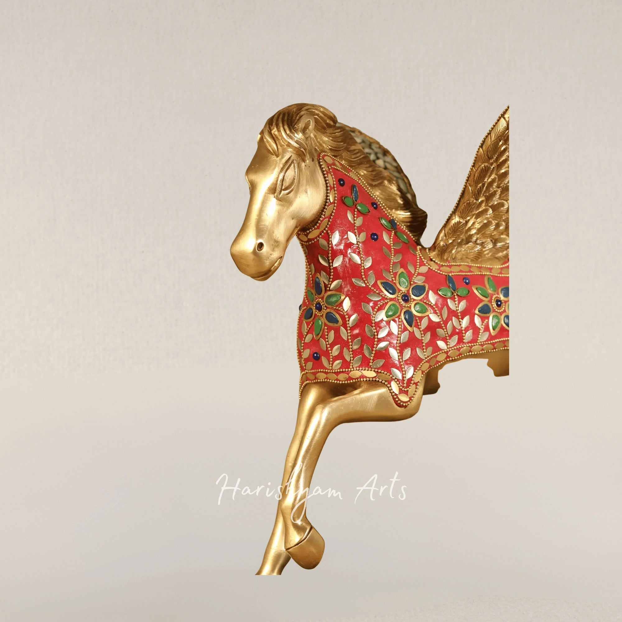 17" Divine Pegasus Stallion Brass Sculpture with Detailed Inlay Work