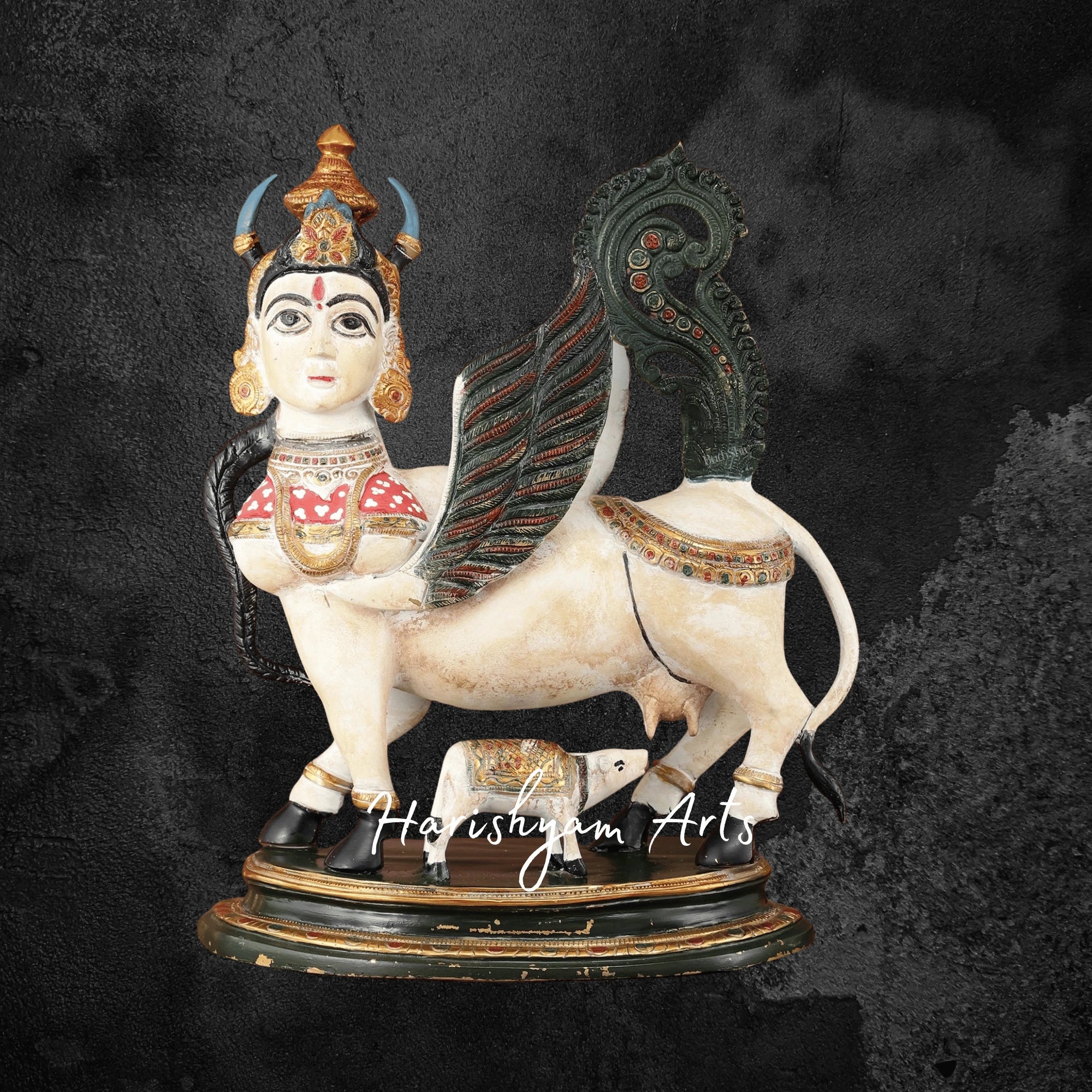 17" Elegant Brass Kamadhenu Cow Idol with Calf for Gift and Worship