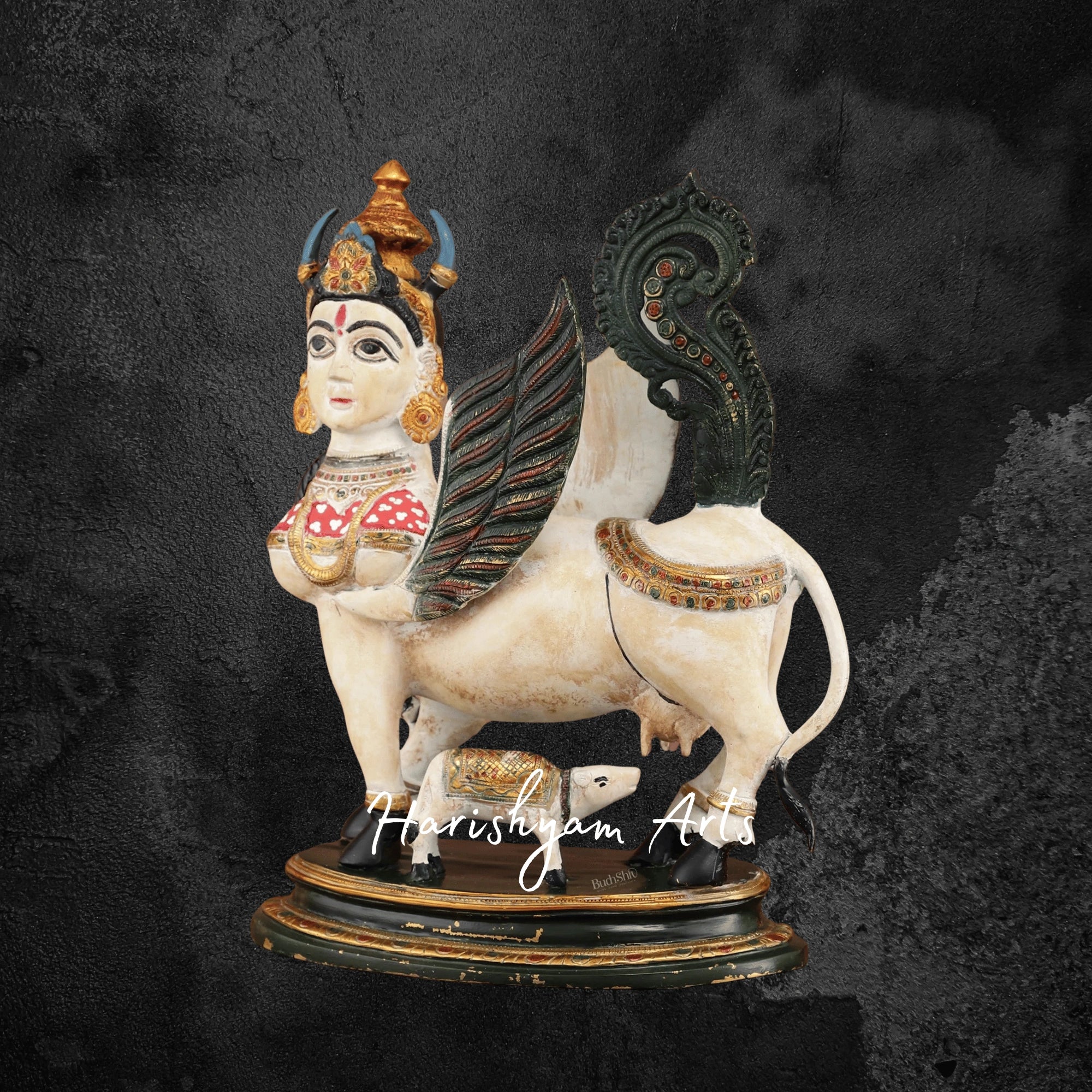17" Elegant Brass Kamadhenu Cow Idol with Calf for Gift and Worship