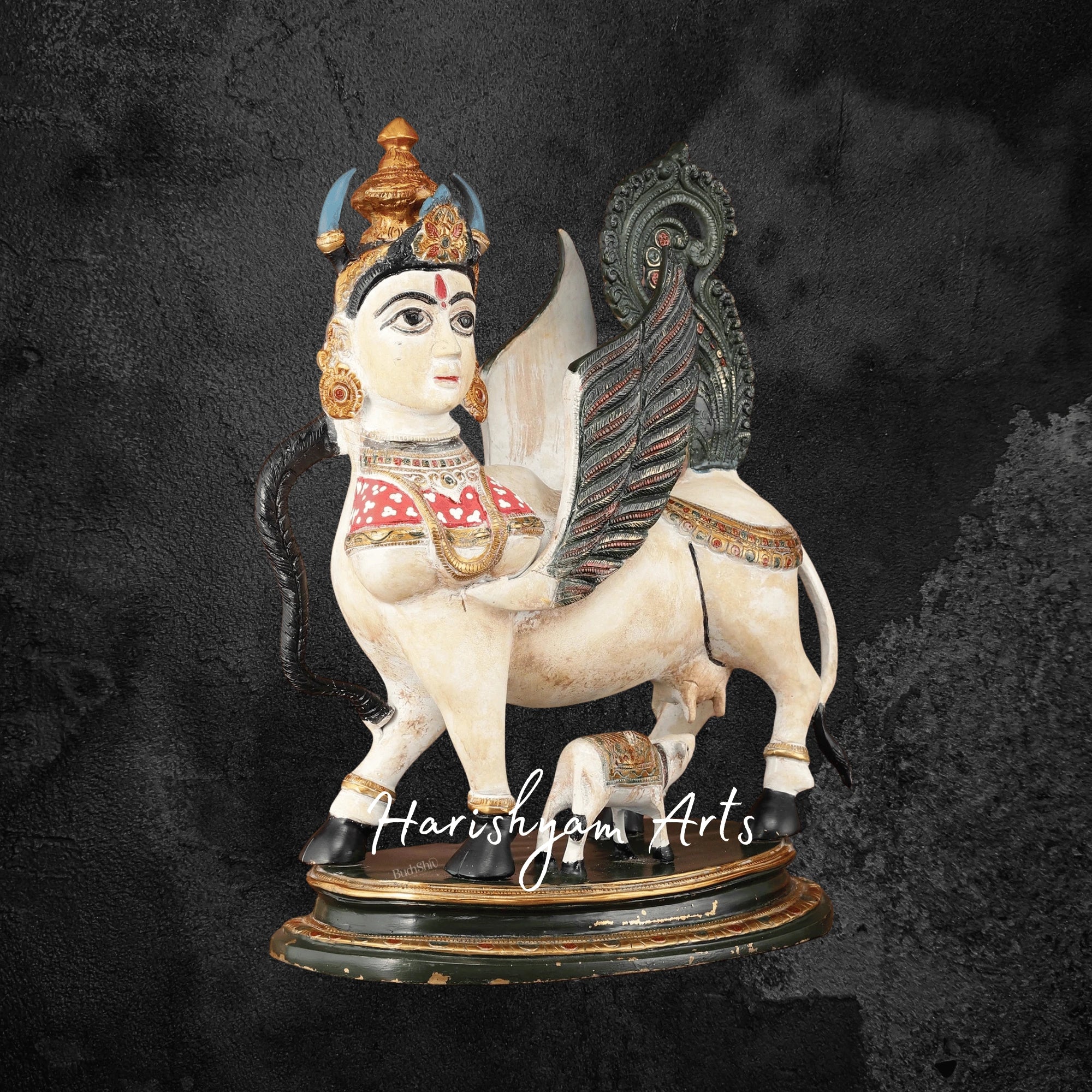 17" Elegant Brass Kamadhenu Cow Idol with Calf for Gift and Worship