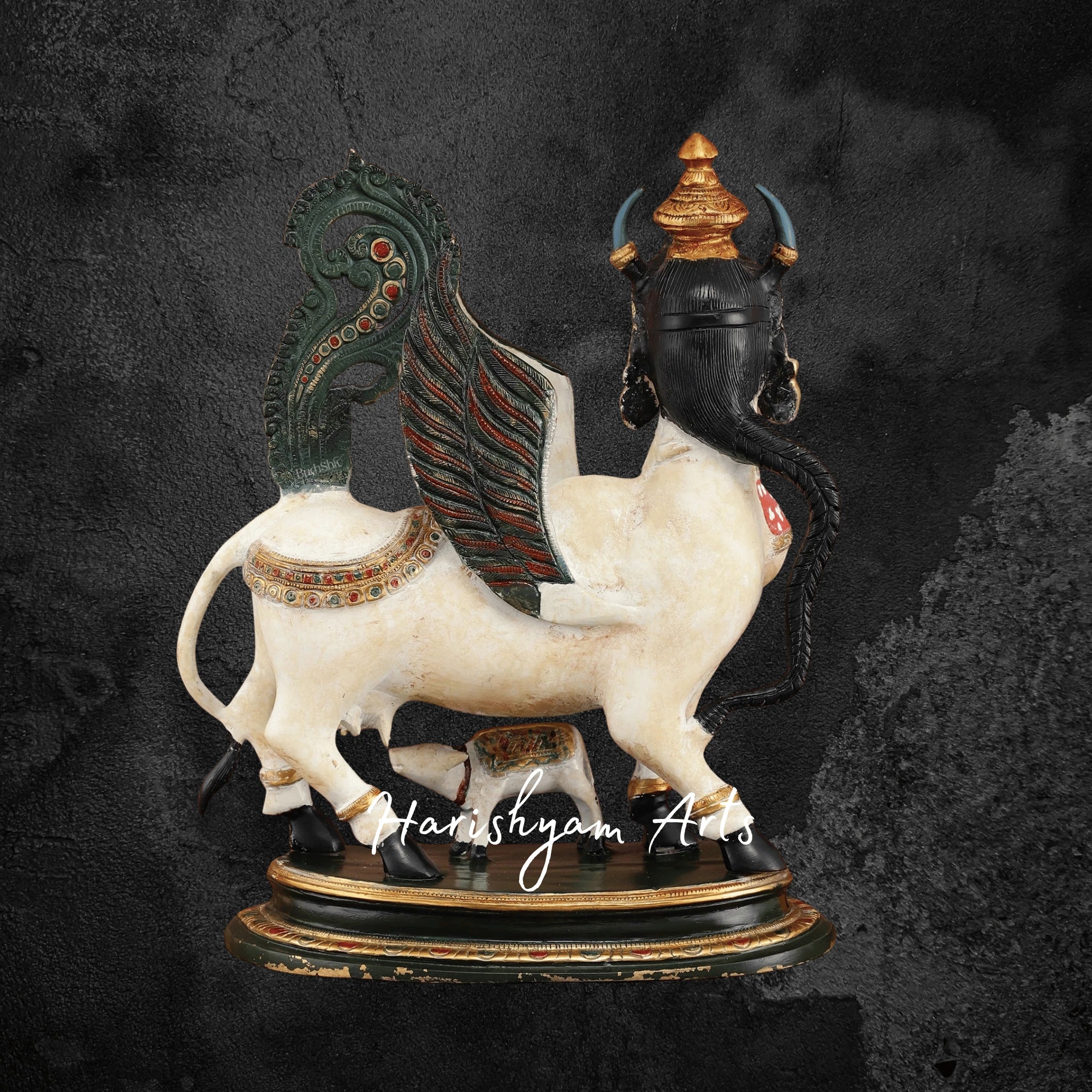 17" Elegant Brass Kamadhenu Cow Idol with Calf for Gift and Worship