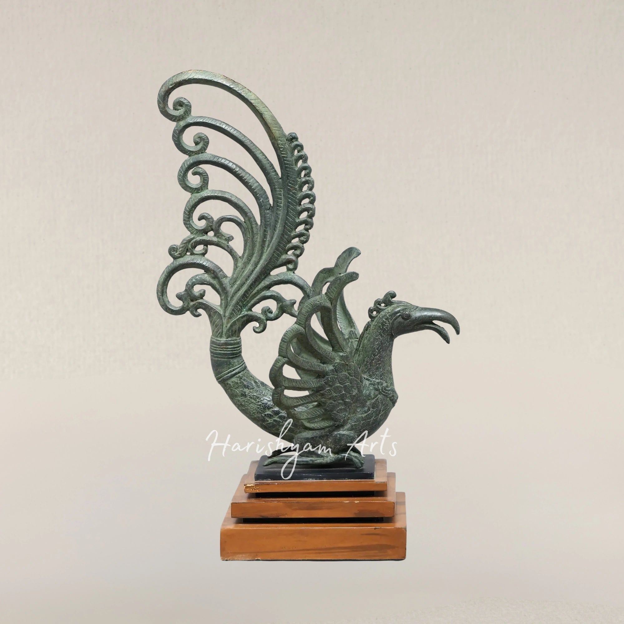 17" Enchanted Mythical Bird Brass Sculpture on Wooden Pedestal