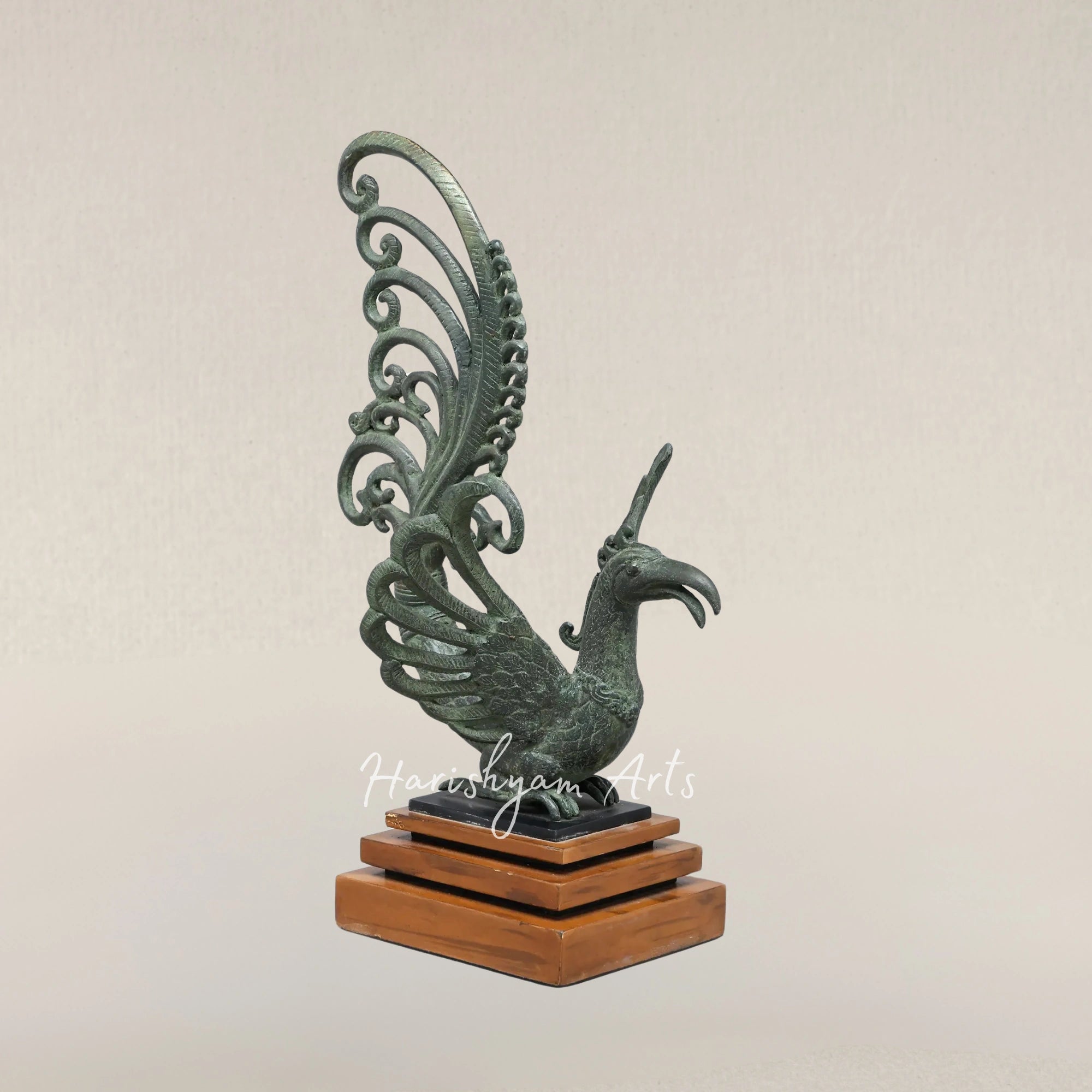 17" Enchanted Mythical Bird Brass Sculpture on Wooden Pedestal