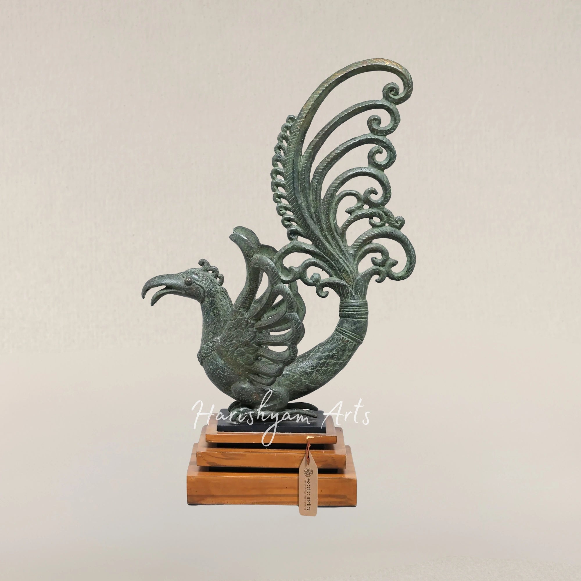 17" Mythic Brass Bird Sculpture on Wooden Plinth for Elegant Home Decor