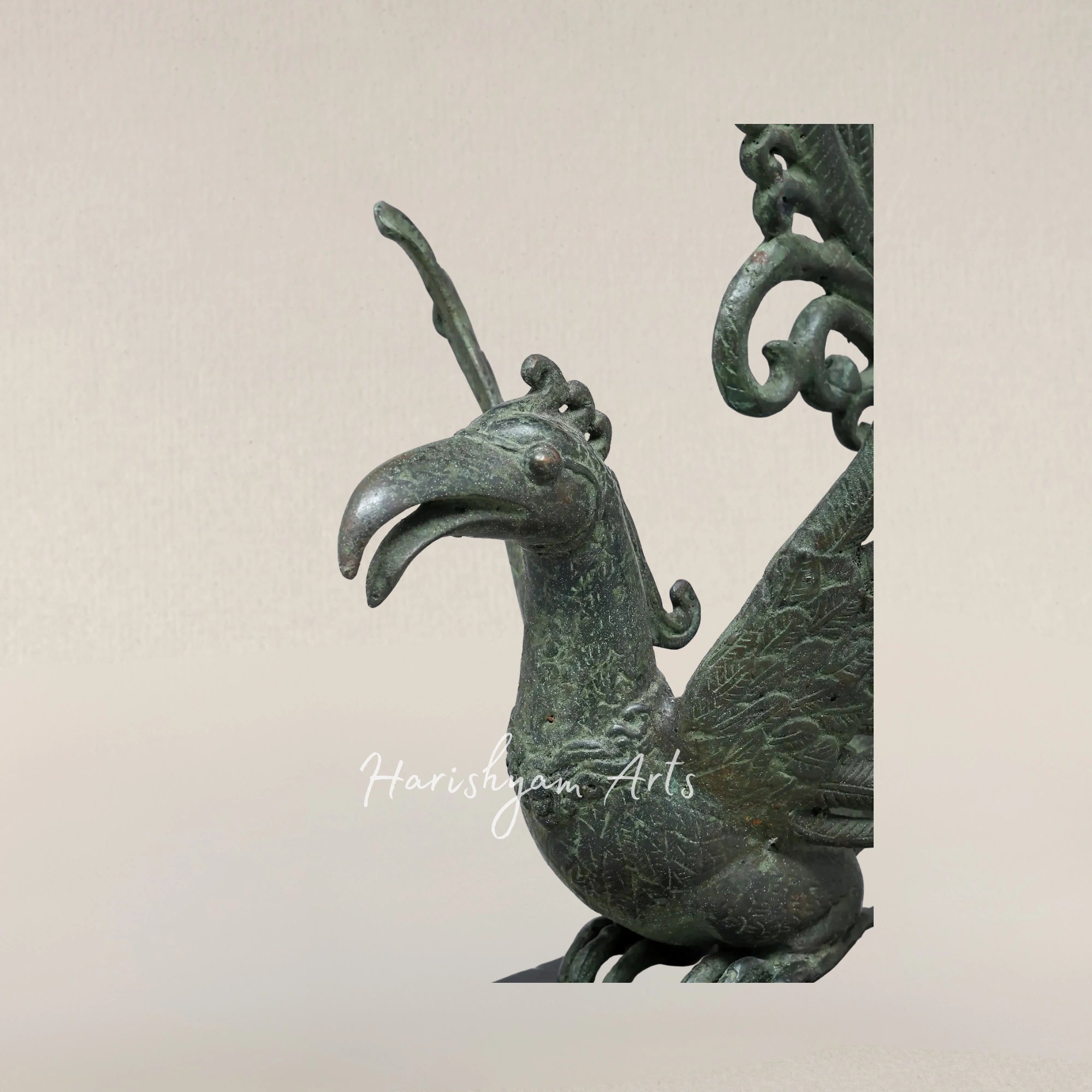 17" Enchanted Mythical Bird Brass Sculpture on Wooden Pedestal
