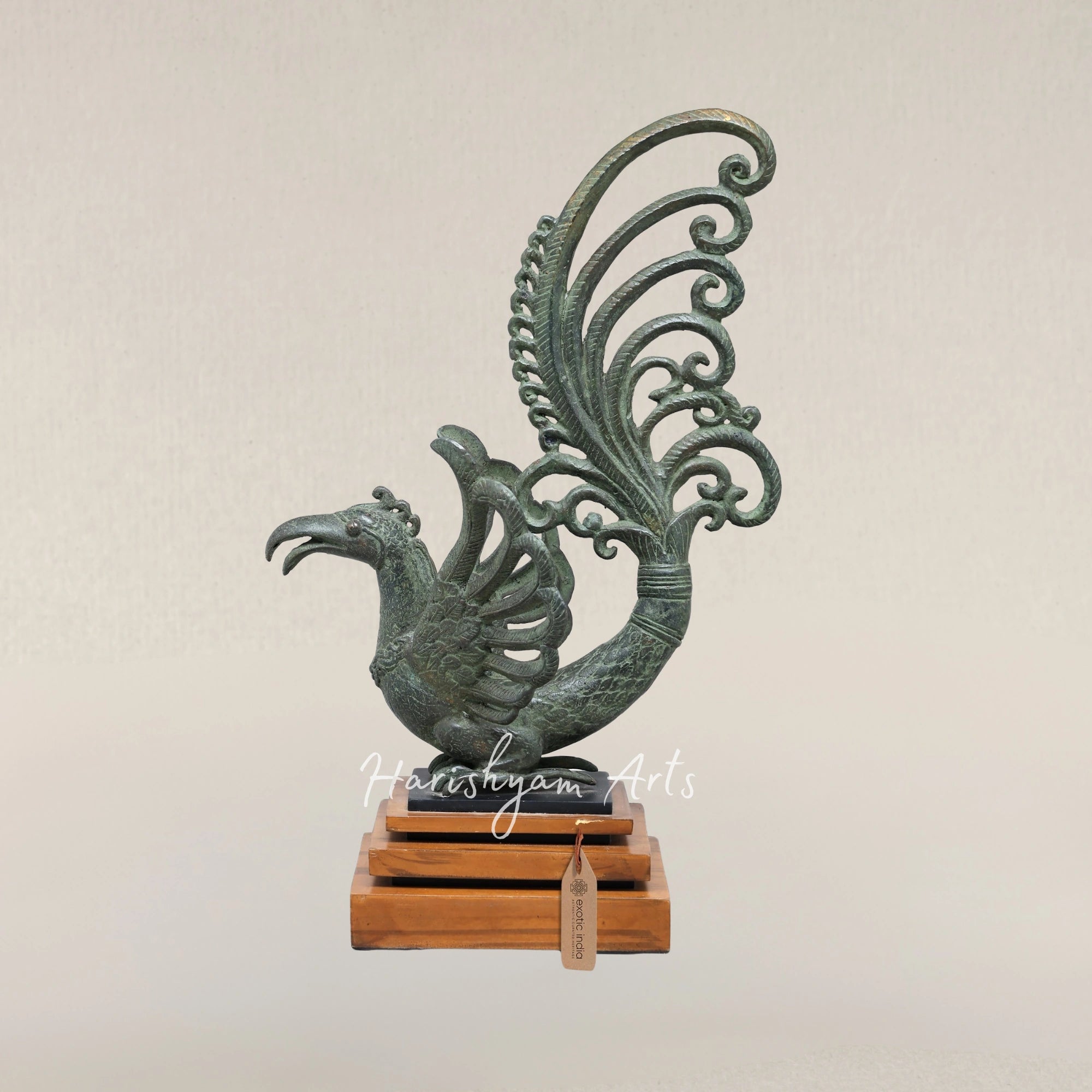 17" Enchanted Mythical Bird Brass Sculpture on Wooden Pedestal