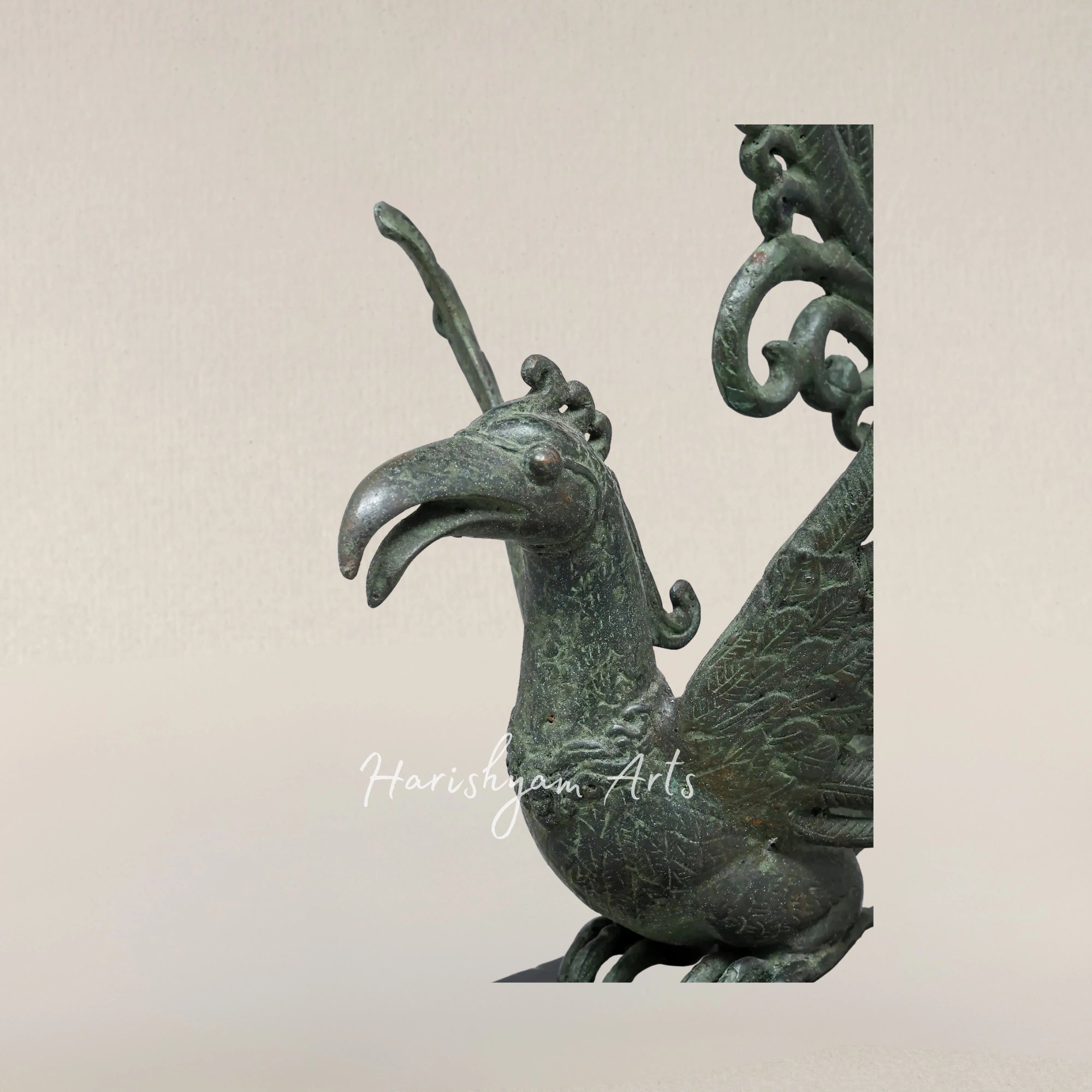 17" Enchanted Mythical Bird Brass Sculpture on Wooden Pedestal