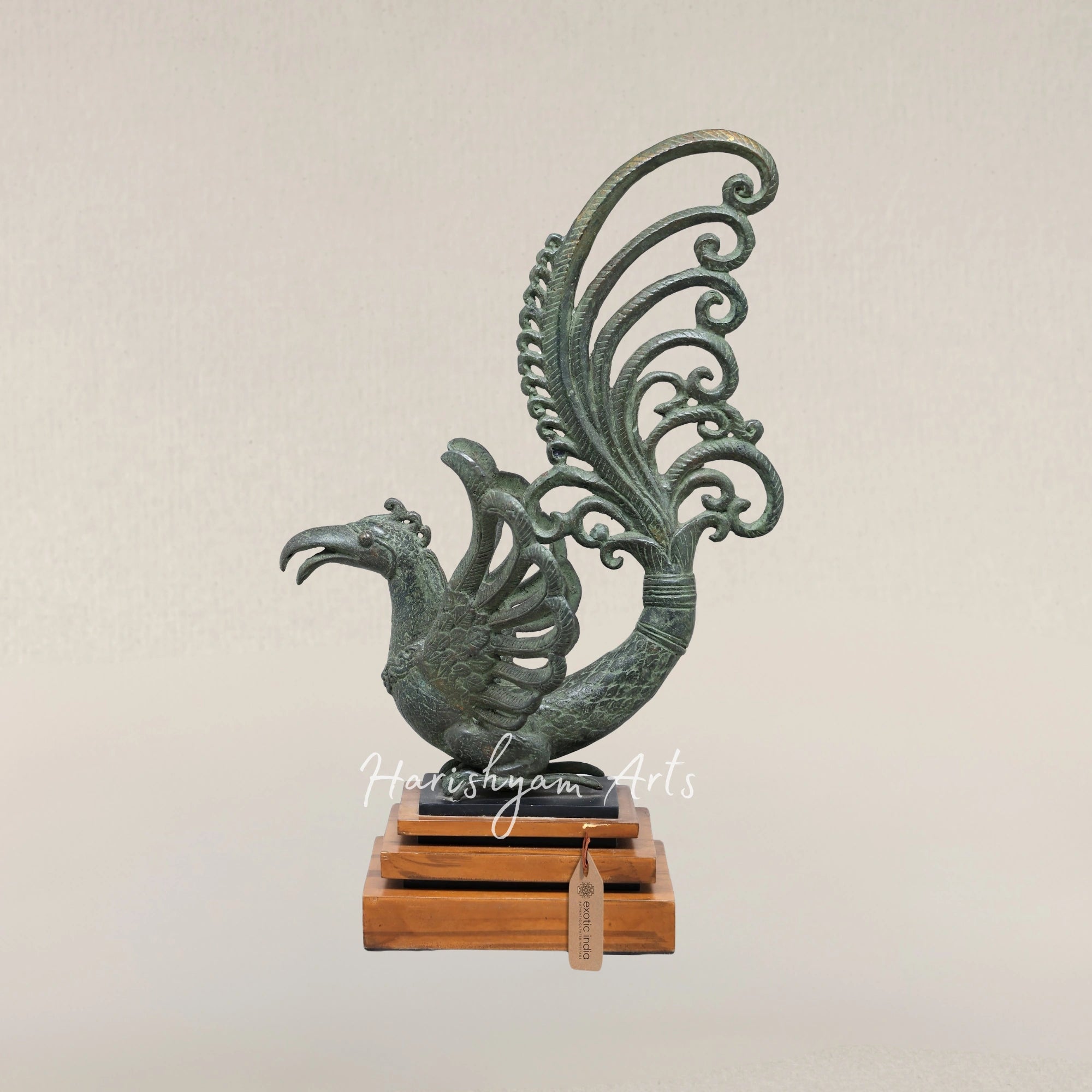 17" Enchanted Mythical Bird Brass Sculpture on Wooden Pedestal