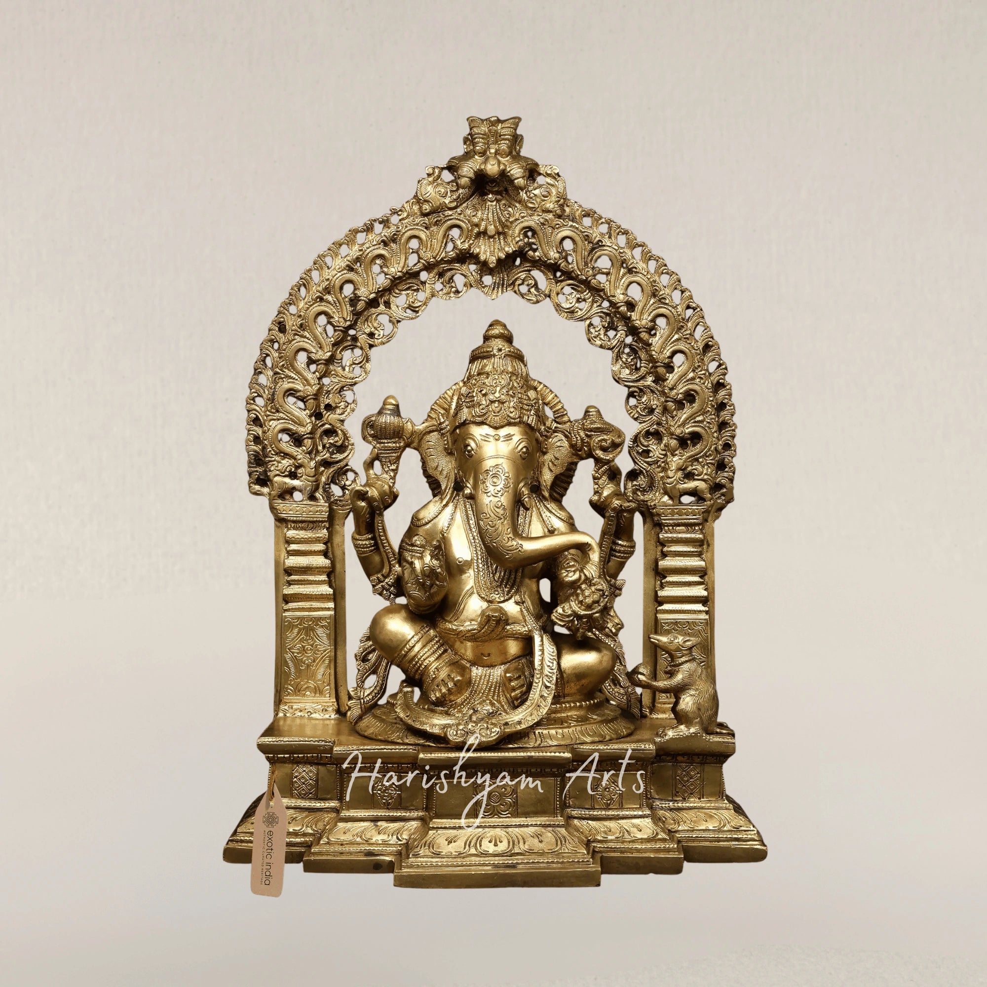 17" Four Armed Lord Ganesha Seated on Kirtimukha Throne Hoysala Style Bronze Idol