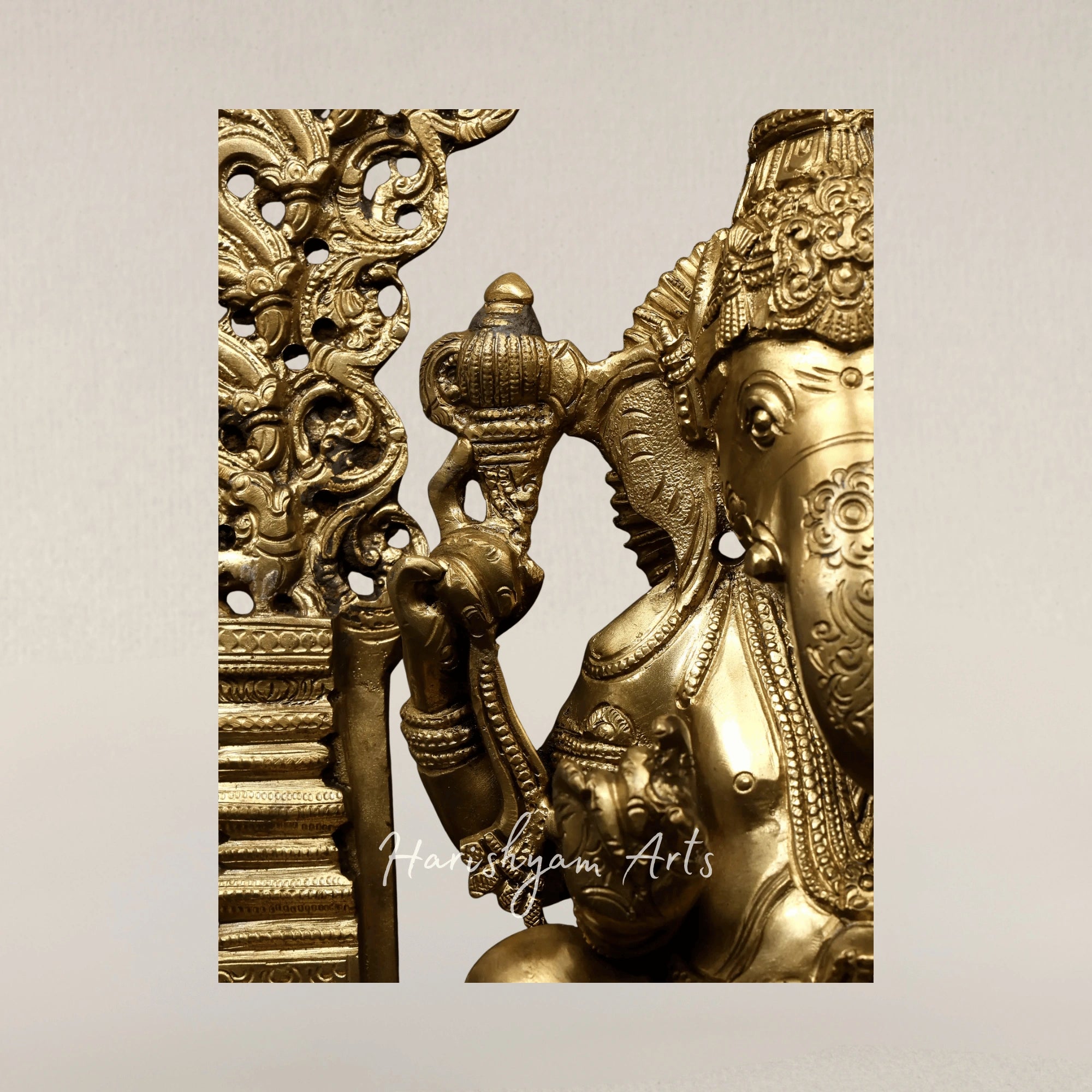 17" Four Armed Lord Ganesha Seated on Kirtimukha Throne Hoysala Style Bronze Idol