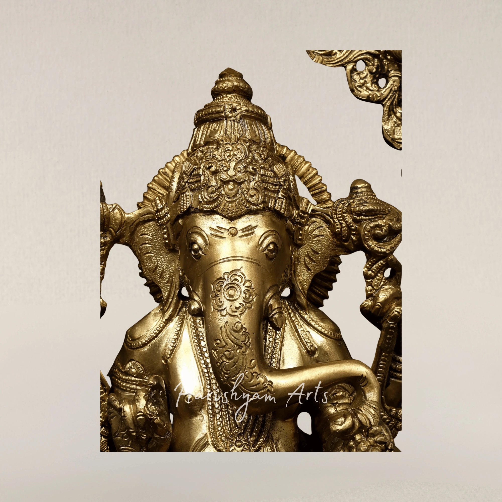 17" Four Armed Lord Ganesha Seated on Kirtimukha Throne Hoysala Style Bronze Idol