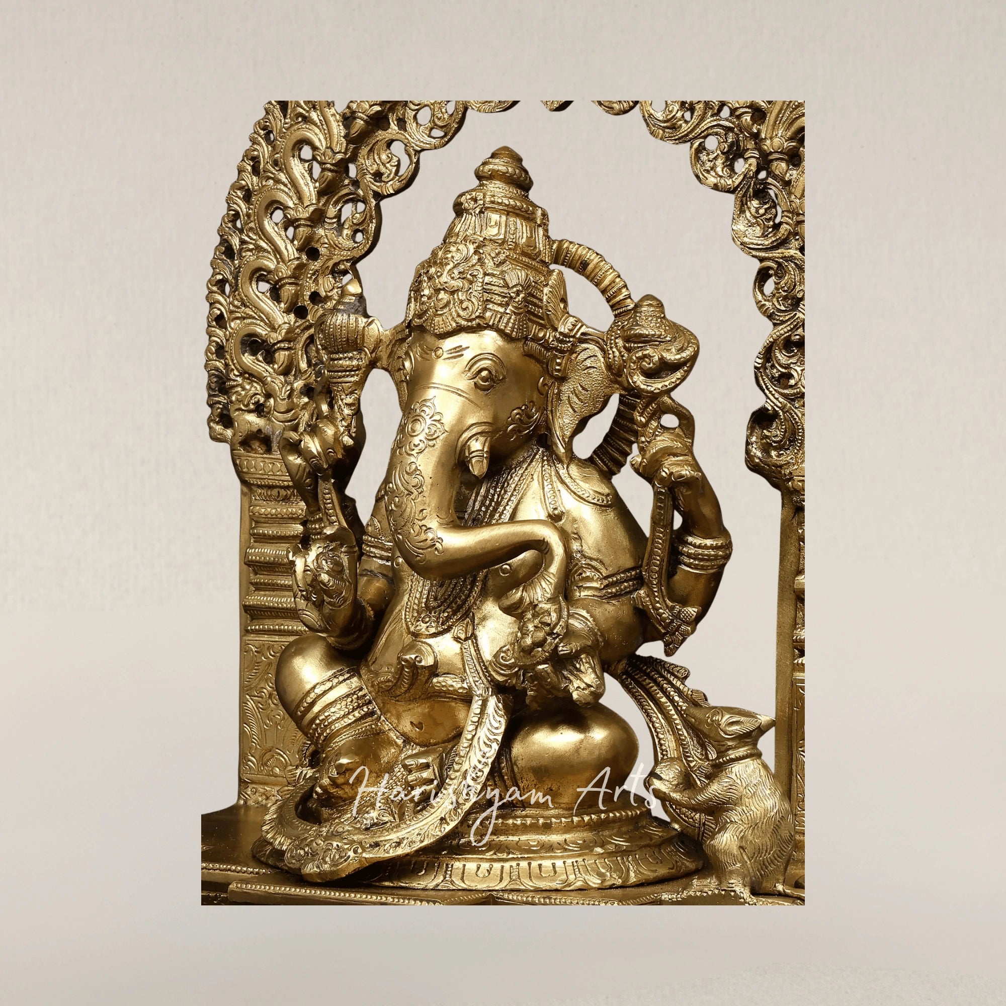 17" Four Armed Lord Ganesha Seated on Kirtimukha Throne Hoysala Style Bronze Idol