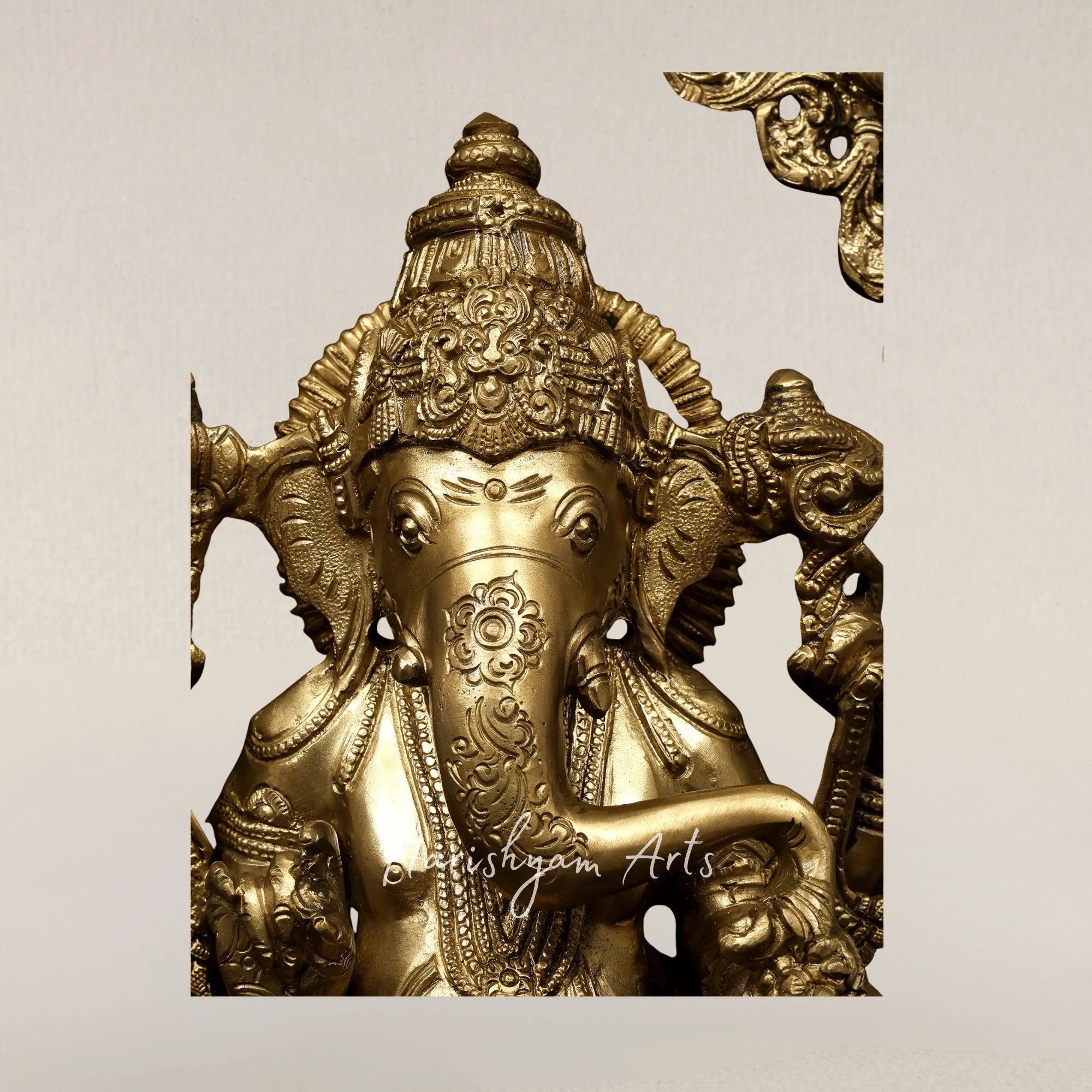 17" Four Armed Lord Ganesha Seated on Kirtimukha Throne Hoysala Style Bronze Idol