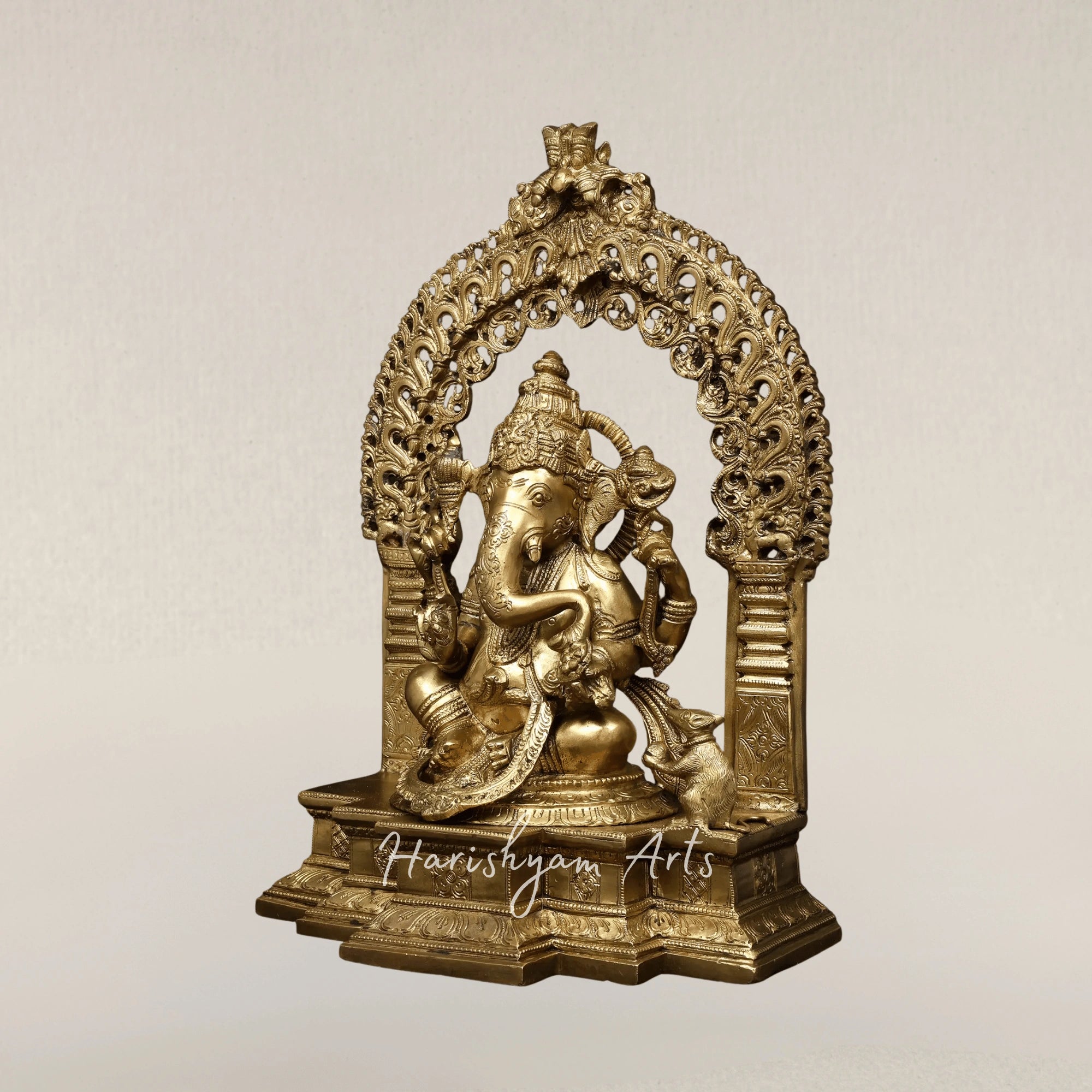17" Four Armed Lord Ganesha Seated on Kirtimukha Throne Hoysala Style Bronze Idol