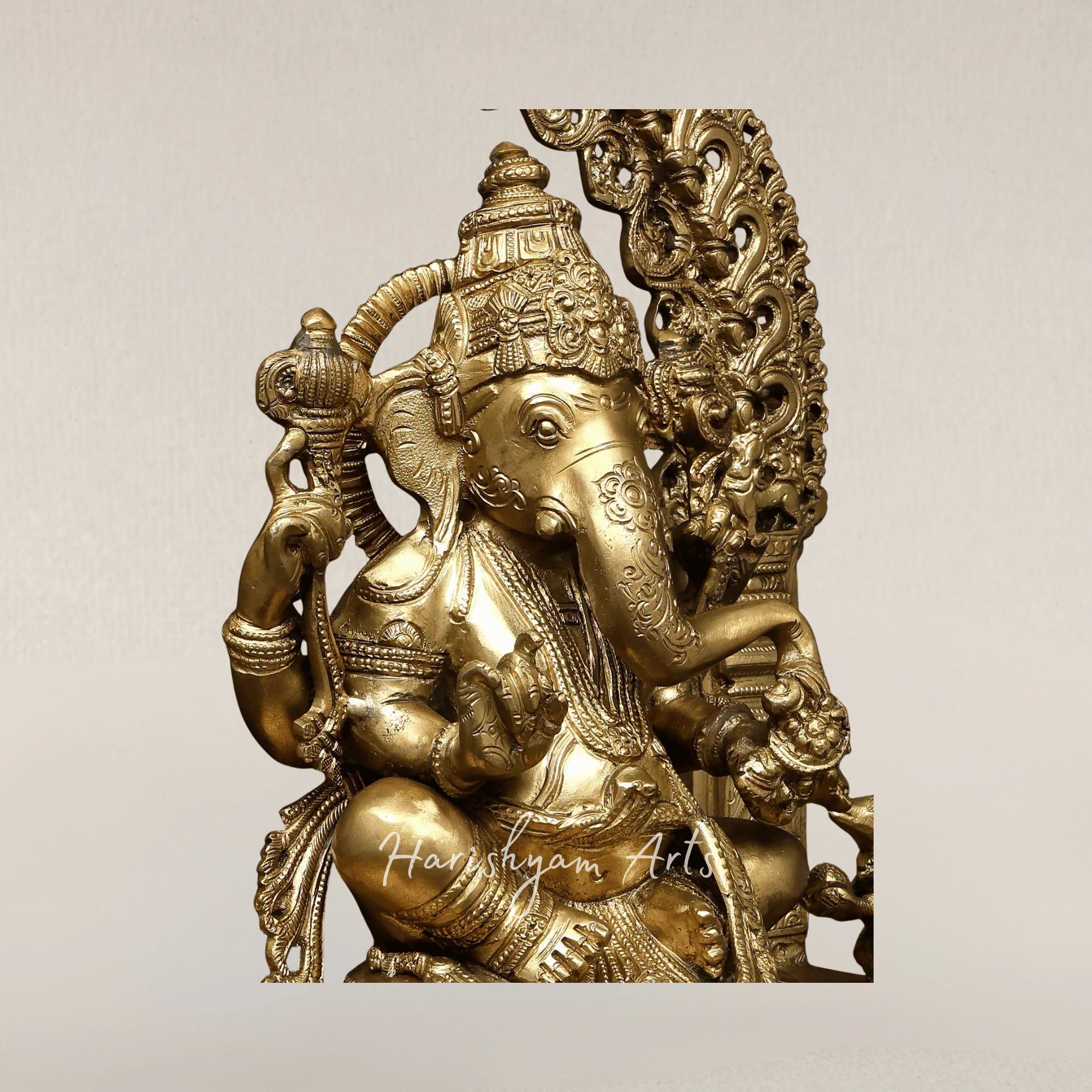 17" Four Armed Lord Ganesha Seated on Kirtimukha Throne Hoysala Style Bronze Idol