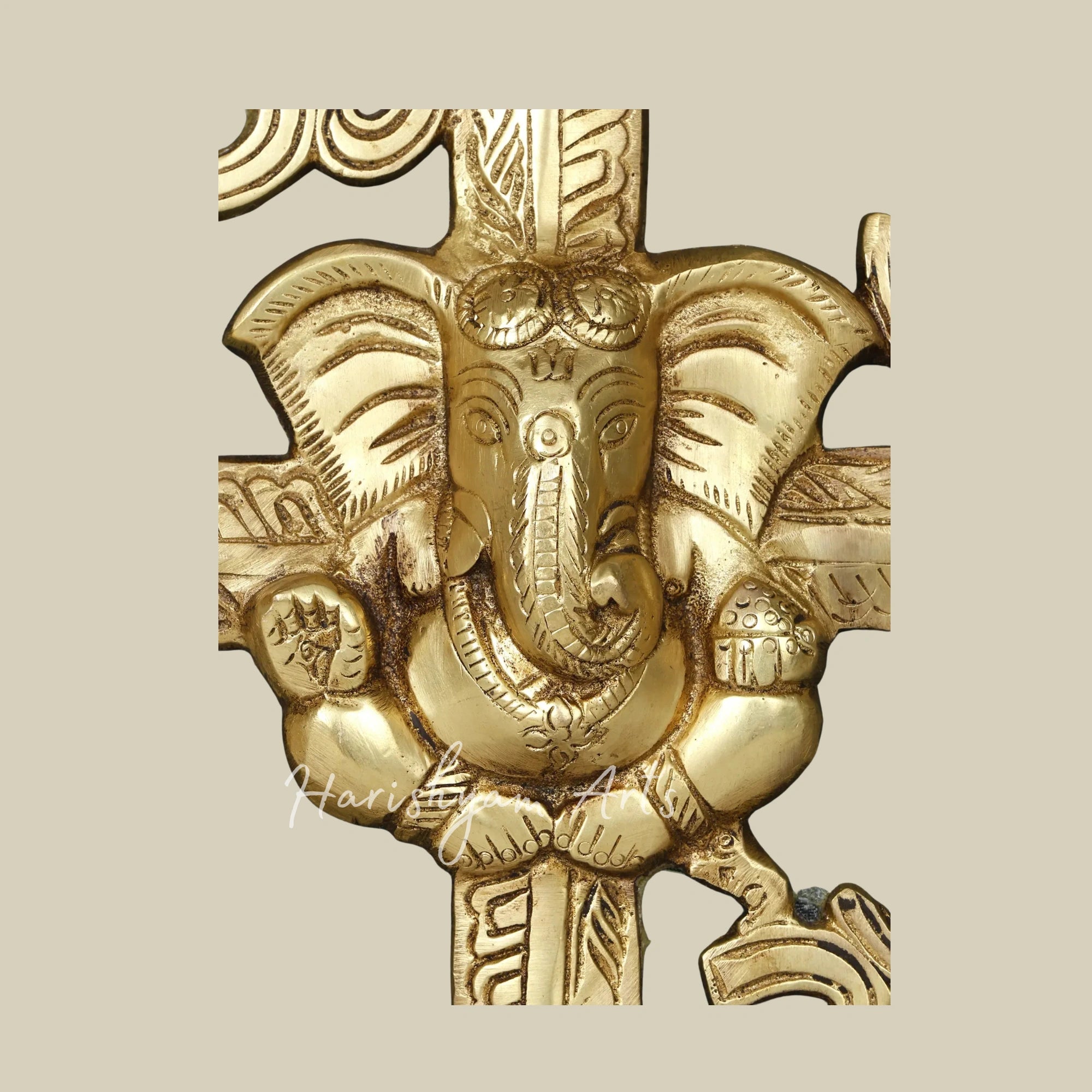 17" Handcrafted Lord Ganesha Brass Wall Decor with Om and Swastik Symbols in Wooden Frame