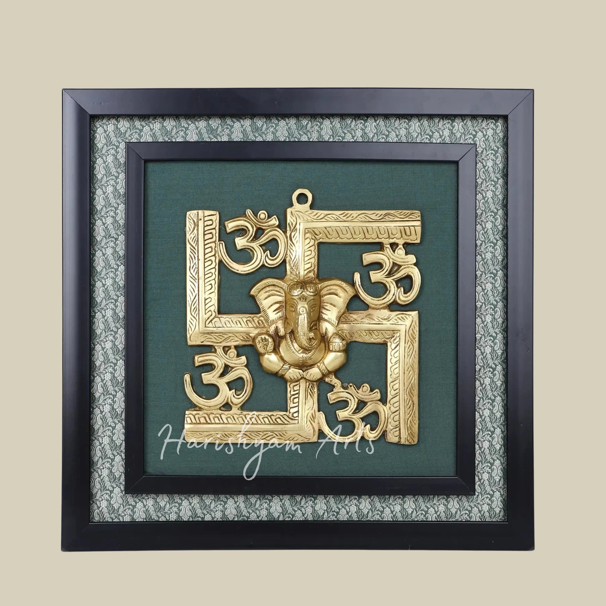 17" Handcrafted Lord Ganesha Brass Wall Decor with Om and Swastik Symbols in Wooden Frame