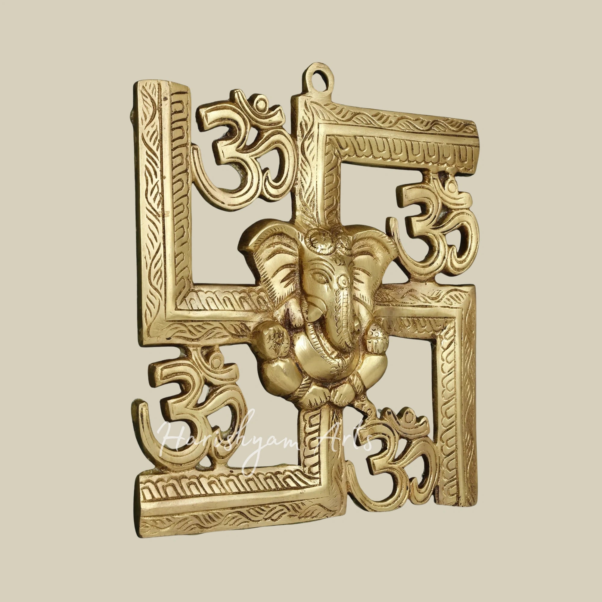 17" Handcrafted Lord Ganesha Brass Wall Decor with Om and Swastik Symbols in Wooden Frame