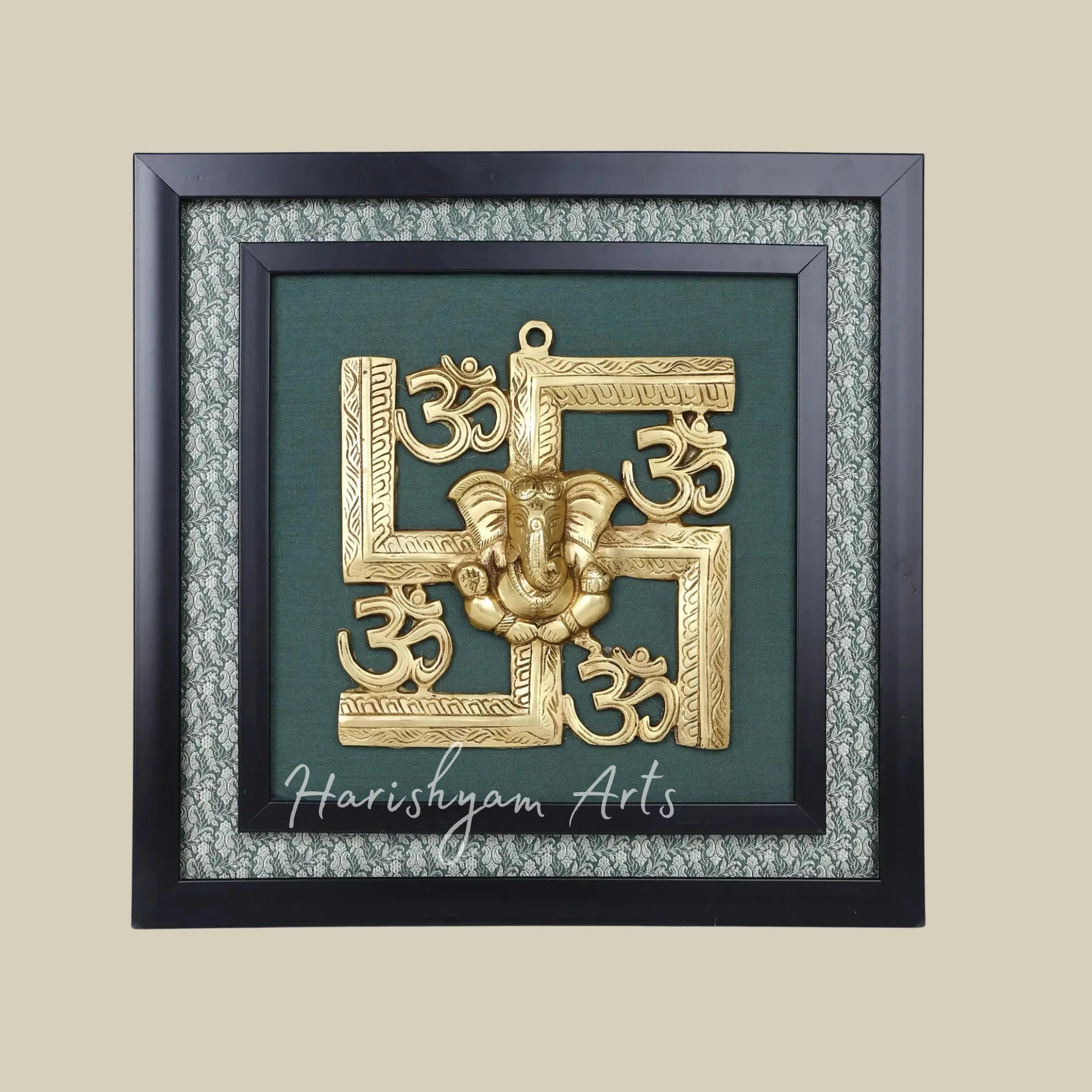 17" Handcrafted Lord Ganesha Brass Wall Decor with Om and Swastik Symbols in Wooden Frame