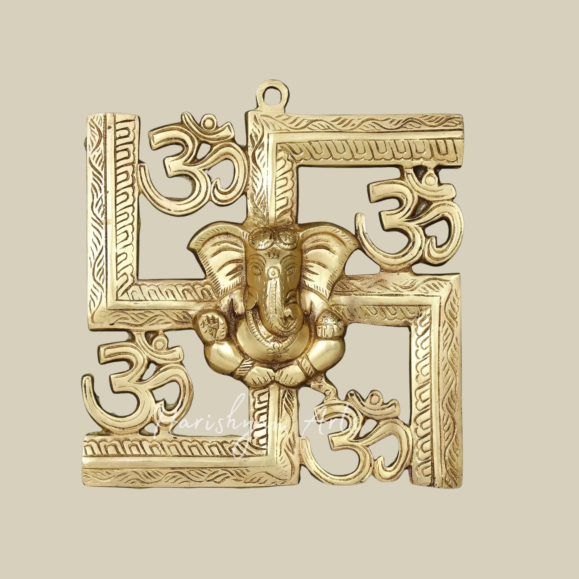17" Handcrafted Lord Ganesha Brass Wall Decor with Om and Swastik Symbols in Wooden Frame