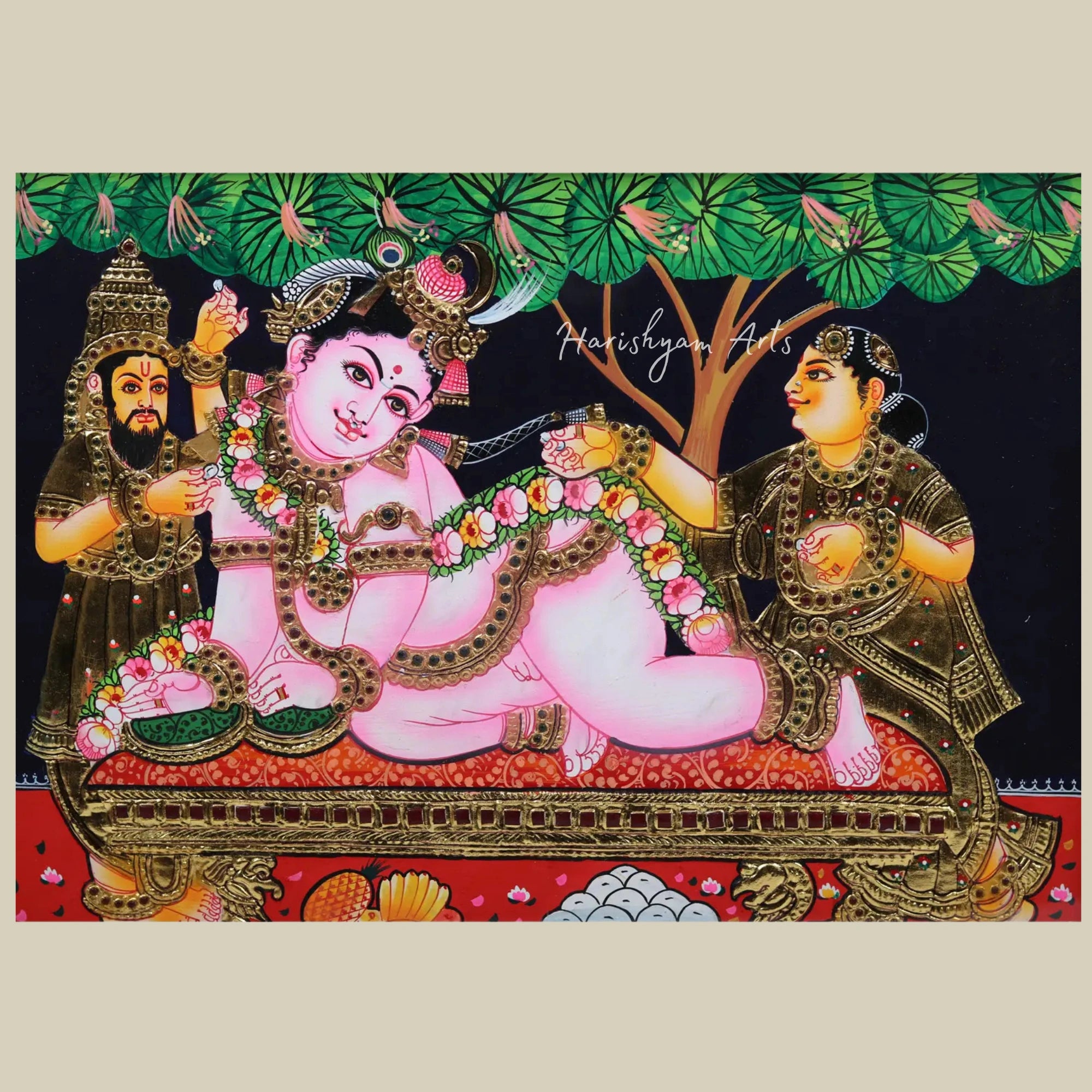 17" Maiya Yashoda with Bal Krishna Tanjore Artwork