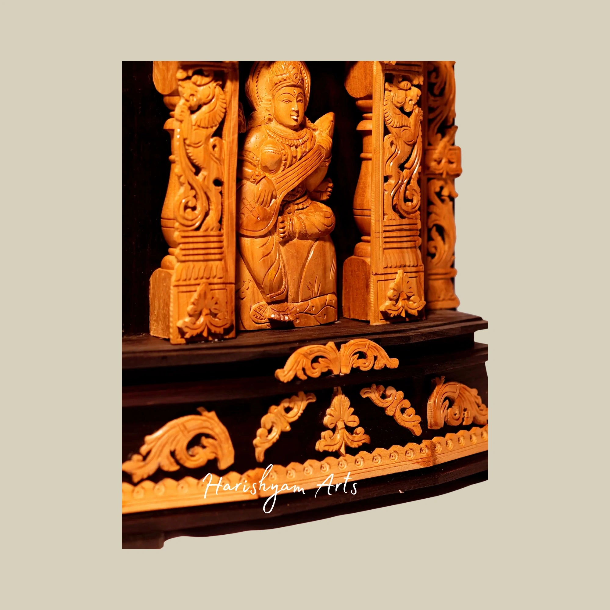 17" Natural Wood Saraswati Murti Seated on Kirtimukha Throne Sandalwood Carved6