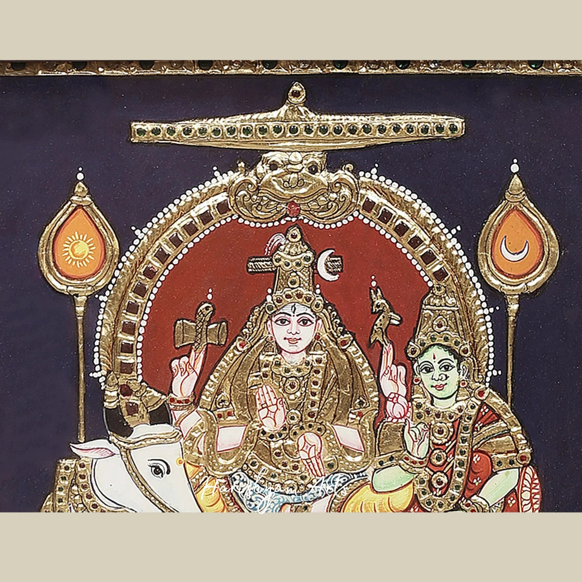 17" Shiva Parvati Seated on Nandi Tanjore Painting with Ornate Teakwood Frame