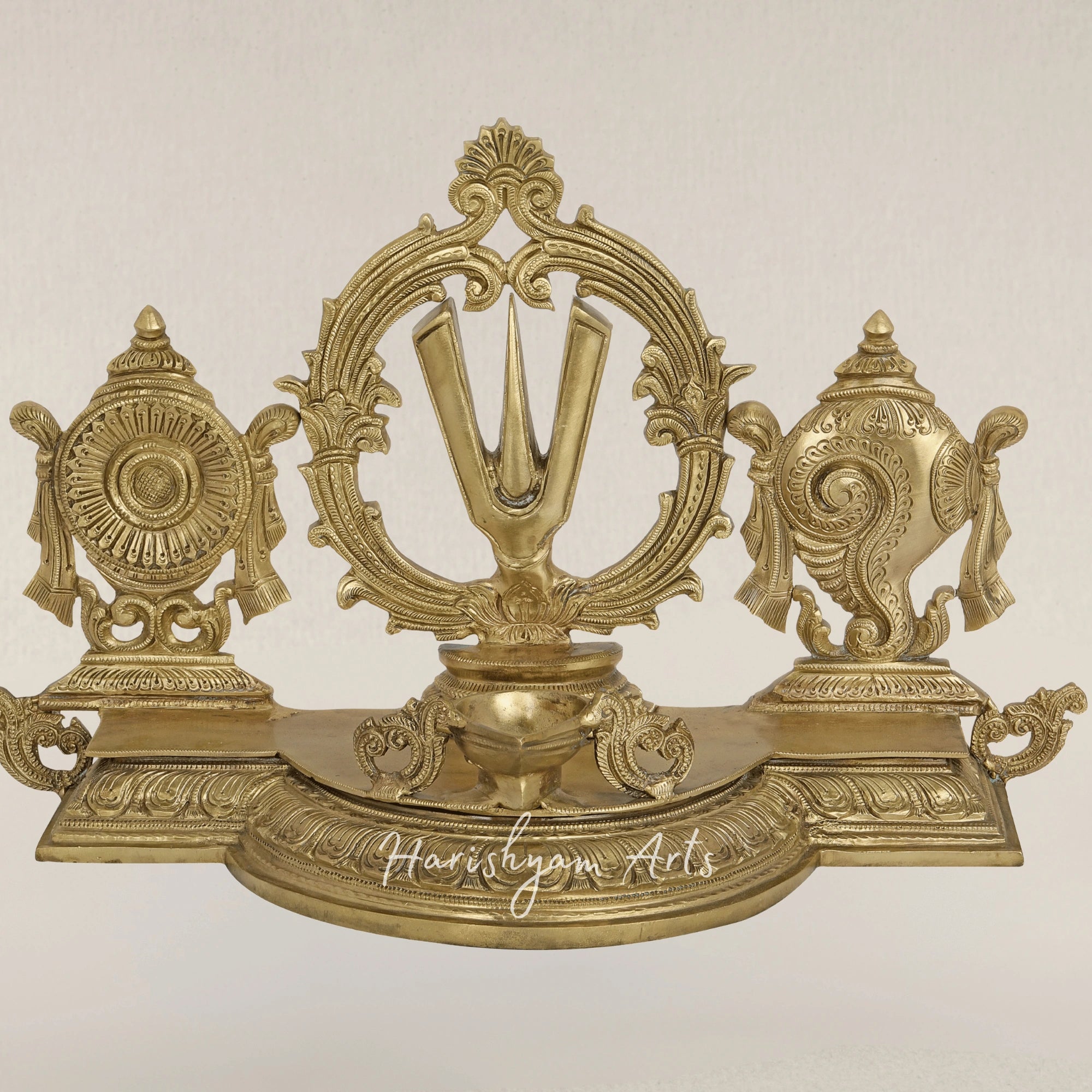 17" Traditional Vaishnava Symbols Panchaloha Bronze Deepam with Conch Chakra and Tilak