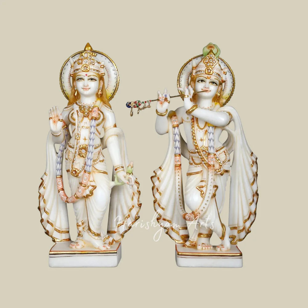 17" White Marble Radha Krishna Idol Pair with Golden Crown and Intricate Jewelry for Home Temple