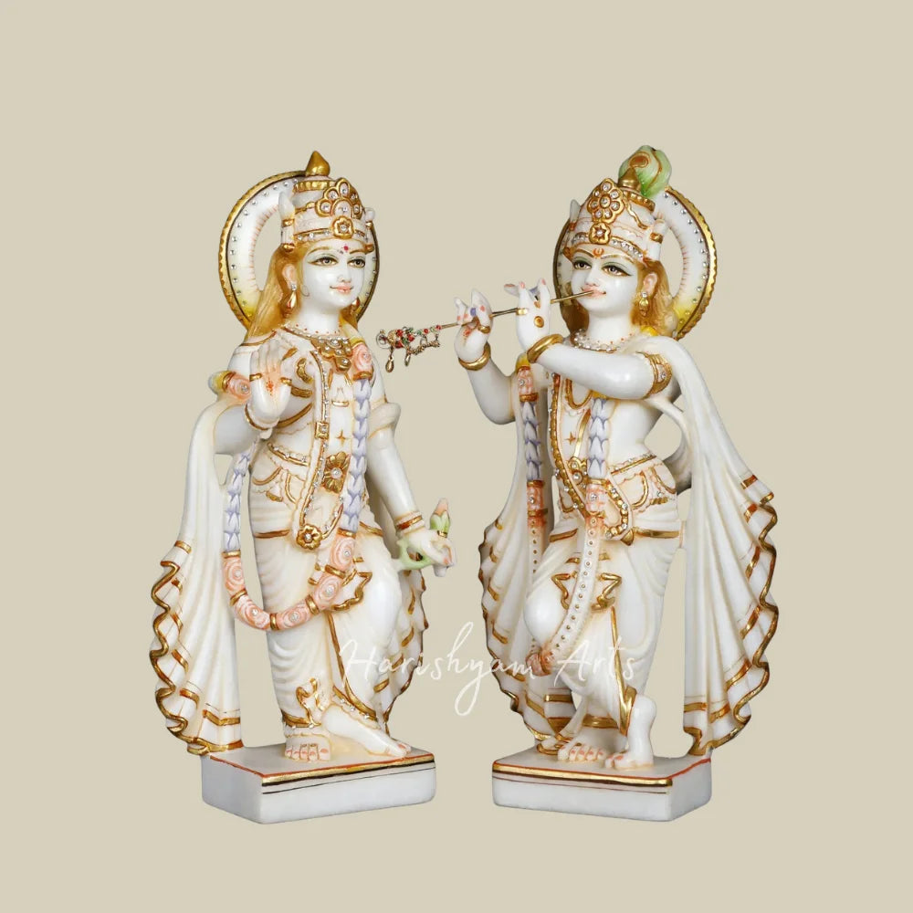 17" White Marble Radha Krishna Idol Pair with Golden Crown and Intricate Jewelry for Home Temple