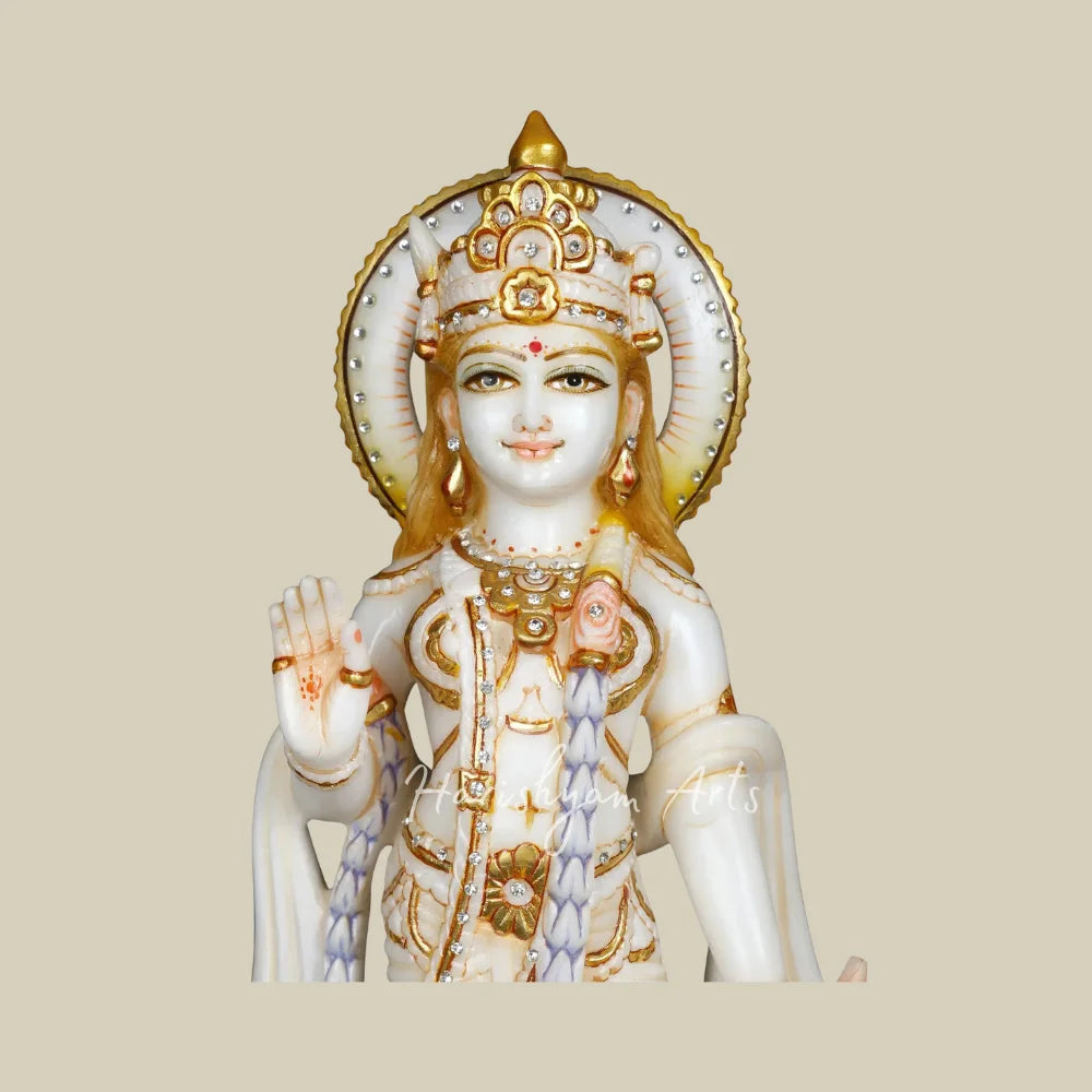 17" White Marble Radha Krishna Idol Pair with Golden Crown and Intricate Jewelry for Home Temple