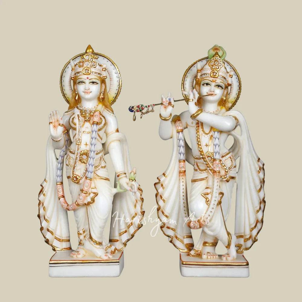 17" White Marble Radha Krishna Idol Pair with Golden Crown and Intricate Jewelry for Home Temple