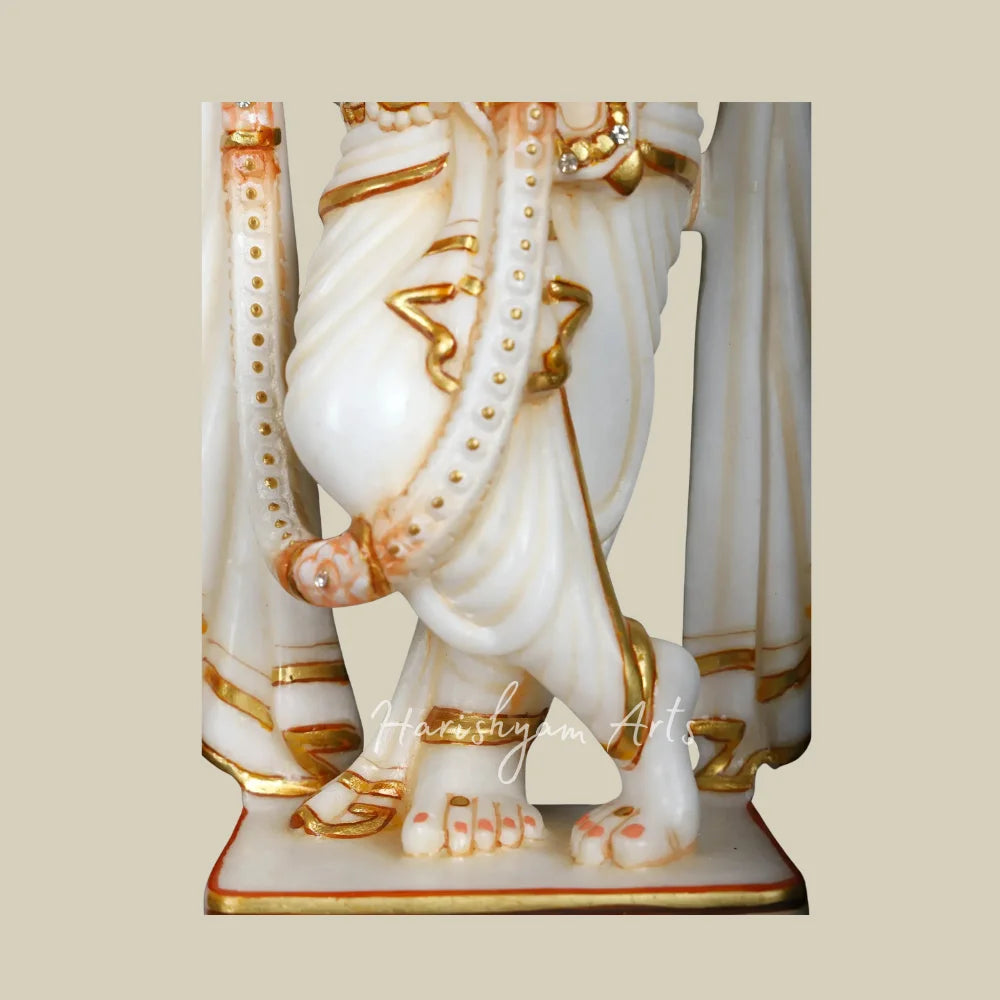 17" White Marble Radha Krishna Idol Pair with Golden Crown and Intricate Jewelry for Home Temple