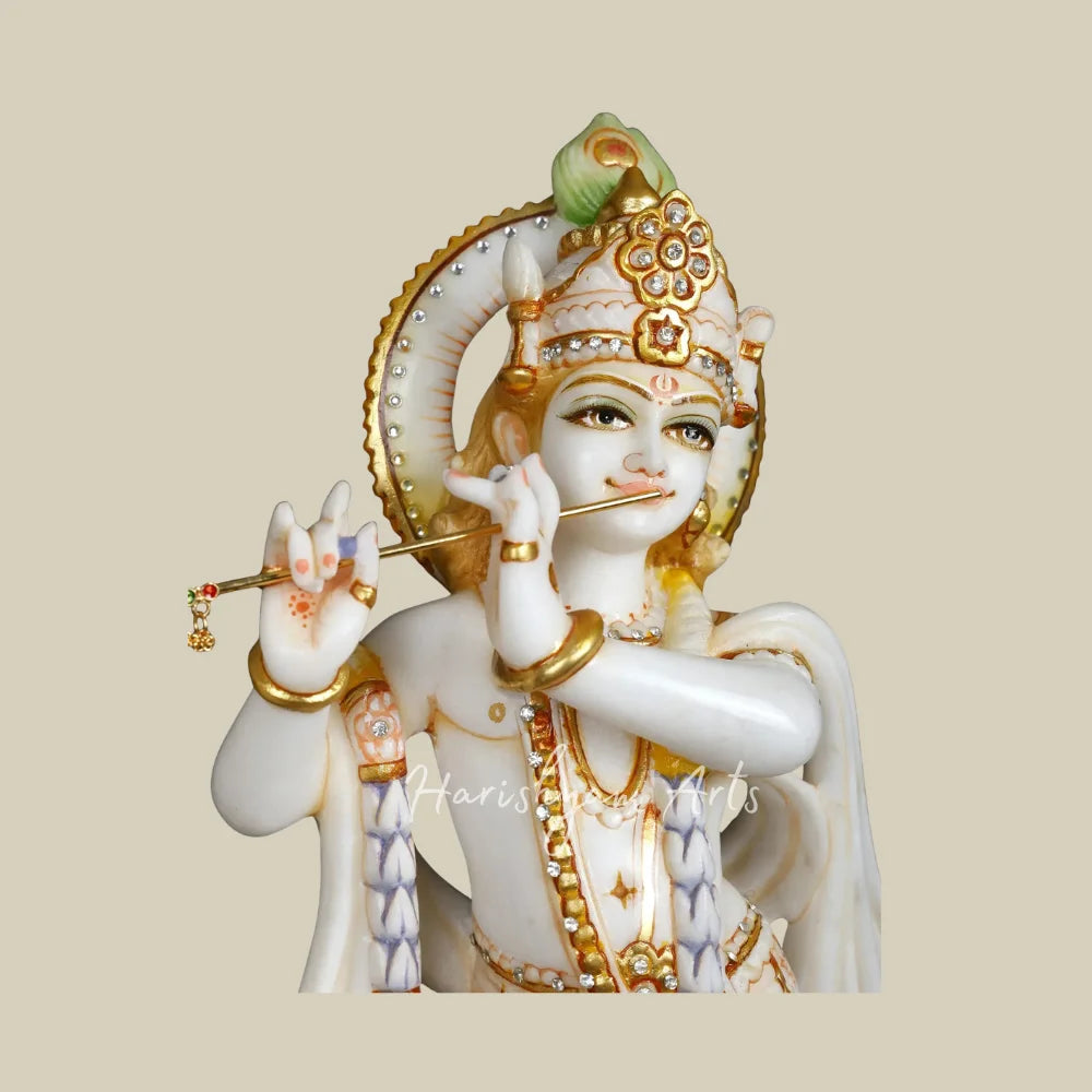 17" White Marble Radha Krishna Idol Pair with Golden Crown and Intricate Jewelry for Home Temple