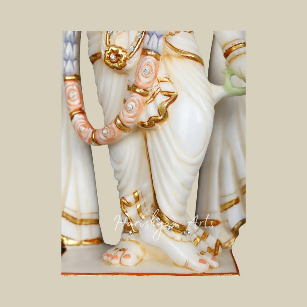 17" White Marble Radha Krishna Idol Pair with Golden Crown and Intricate Jewelry for Home Temple