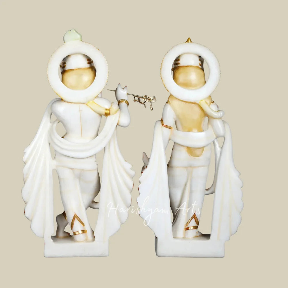 17" White Marble Radha Krishna Idol Pair with Golden Crown and Intricate Jewelry for Home Temple