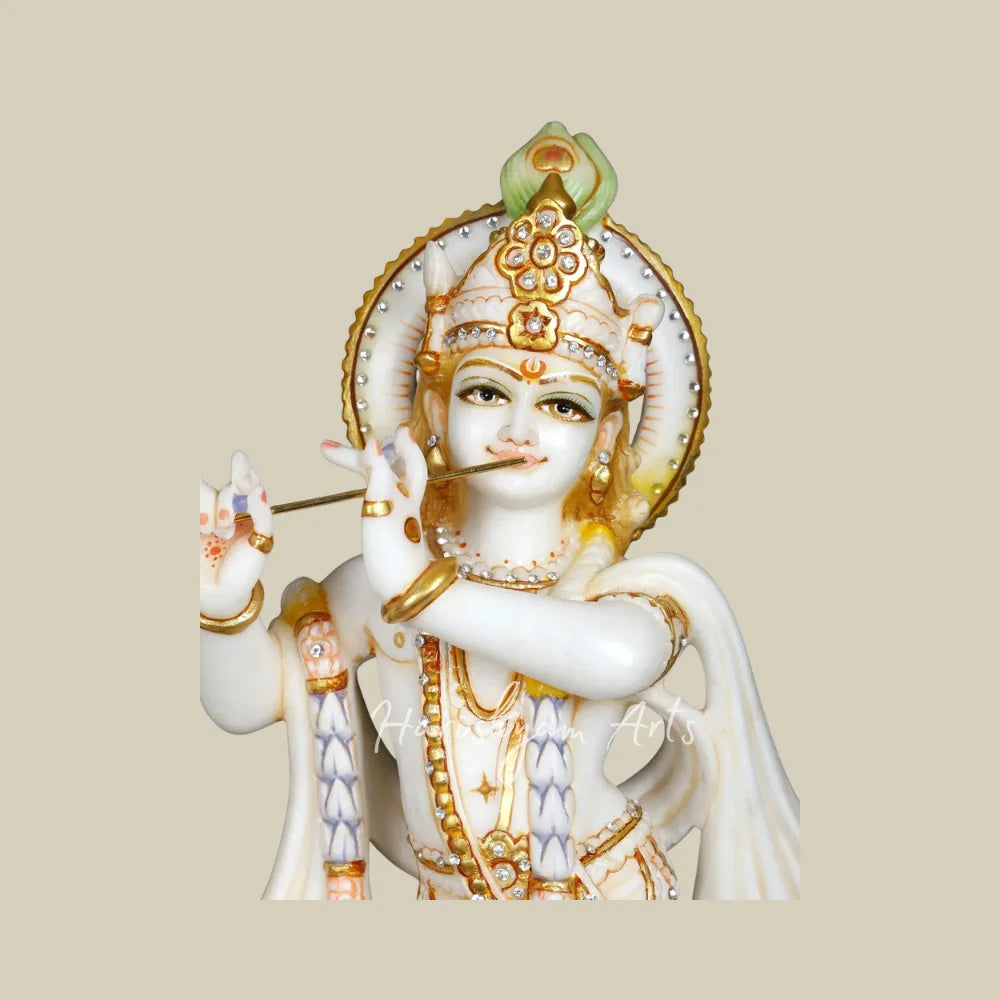 17" White Marble Radha Krishna Idol Pair with Golden Crown and Intricate Jewelry for Home Temple