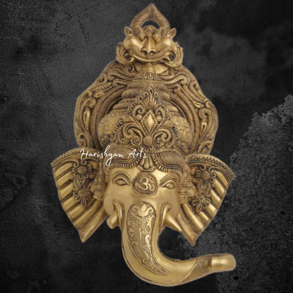 Brass Ganesha Face Wall Hanging with Bell 18"