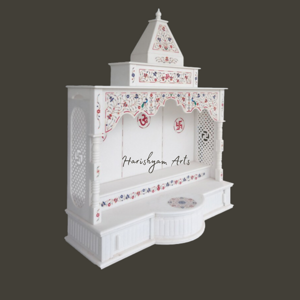 White Marble Pooja Mandir with Inlay Work