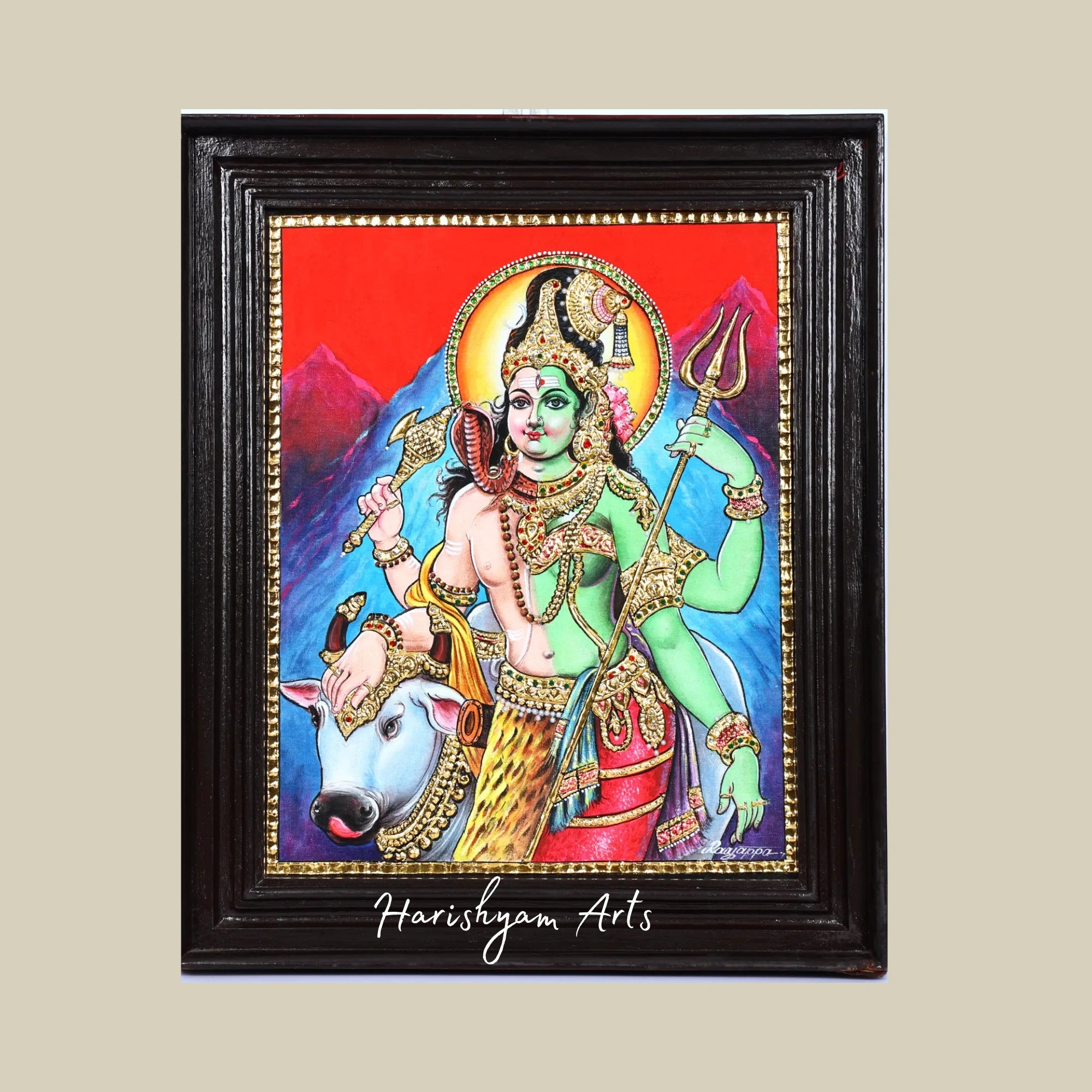 18" Ardhanarishvara Shiva-Shakti with Nandi Tanjore Painting in an Elegant Frame