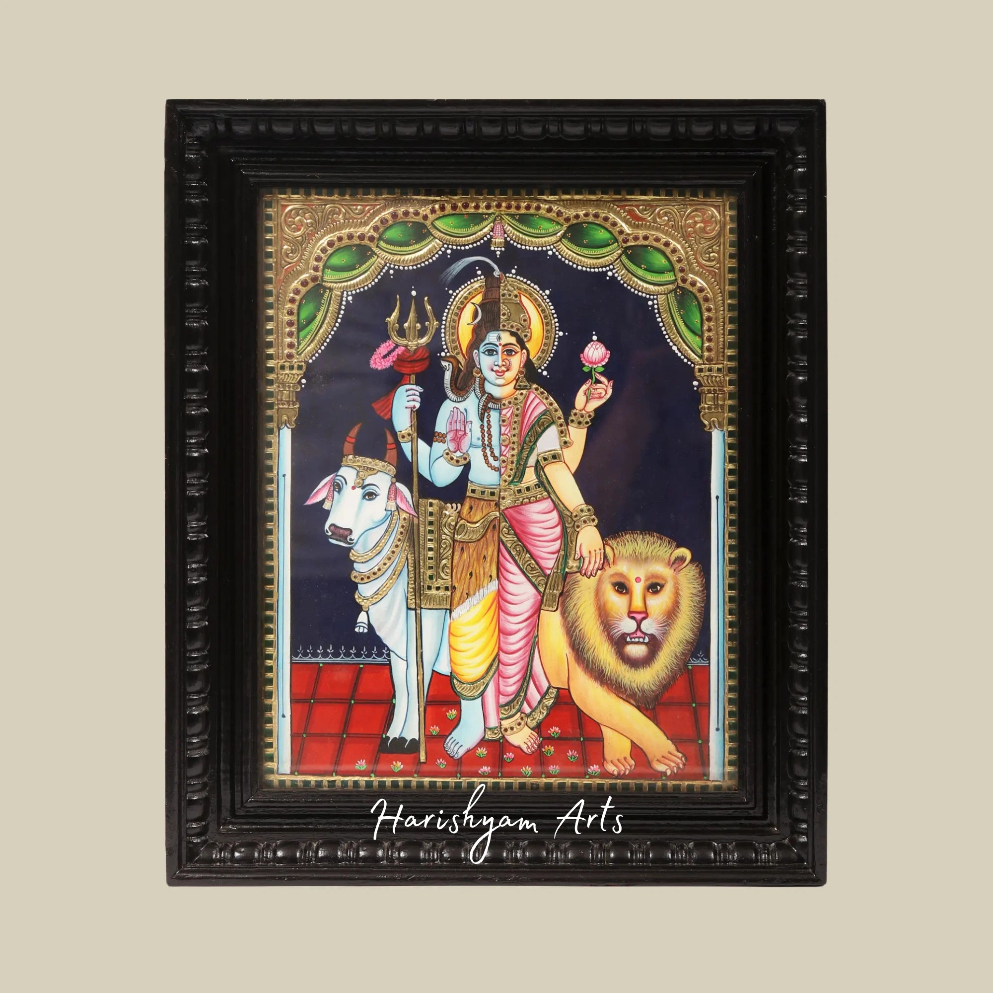 18" Ardhanarishvara Tanjore Painting Depicting Shiva-Shakti with Intricate Frame