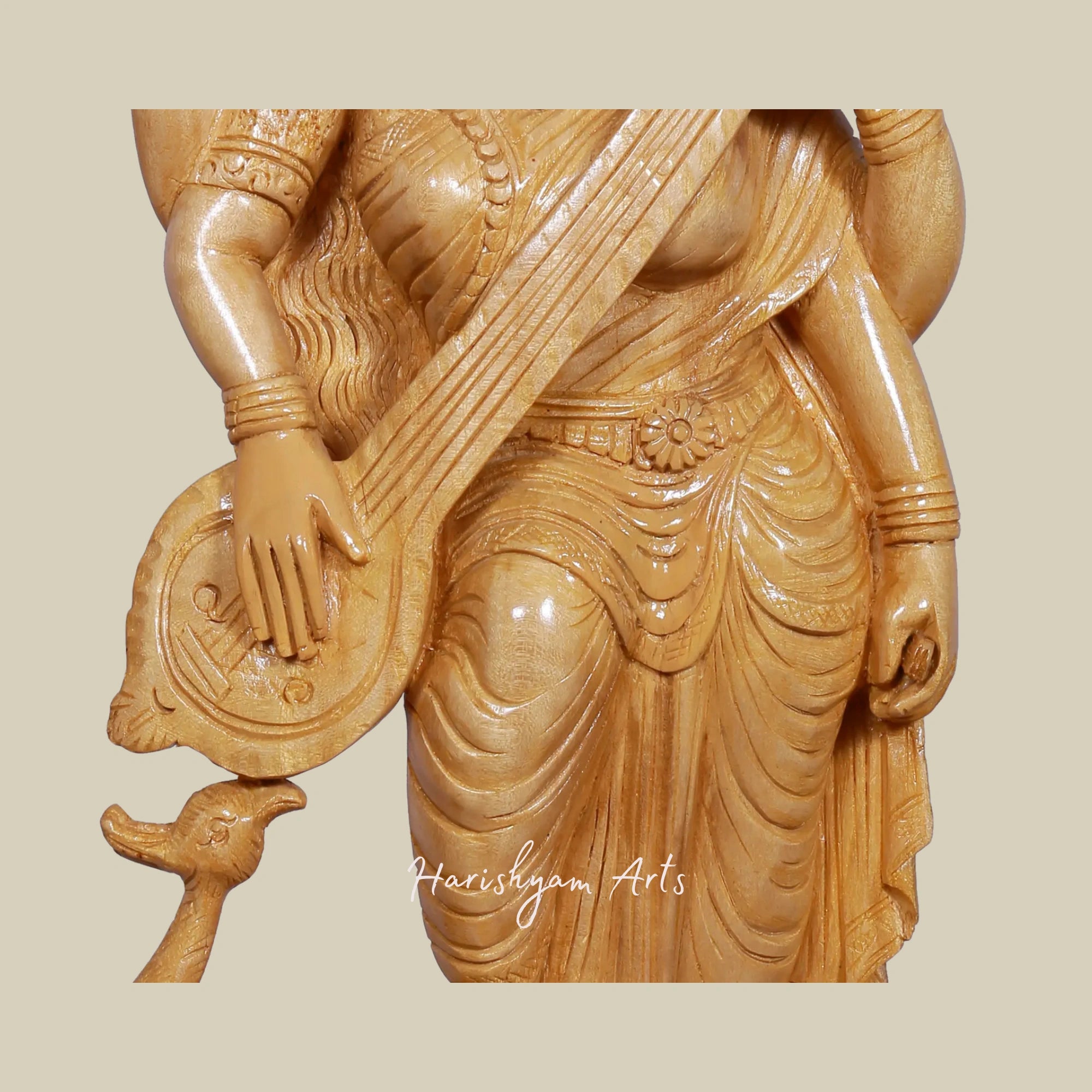 18" Artisan Carved Wooden Saraswati with Peacock and Veena1