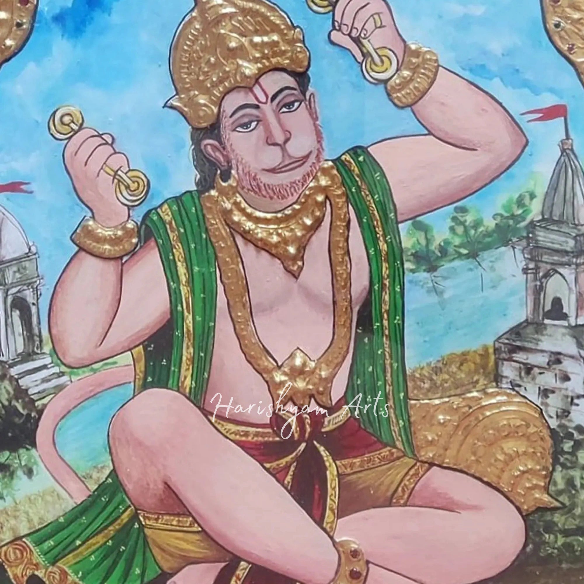 18" Bhajan Anandi Hanuman Tanjore Painting with Gold Foil Detailing