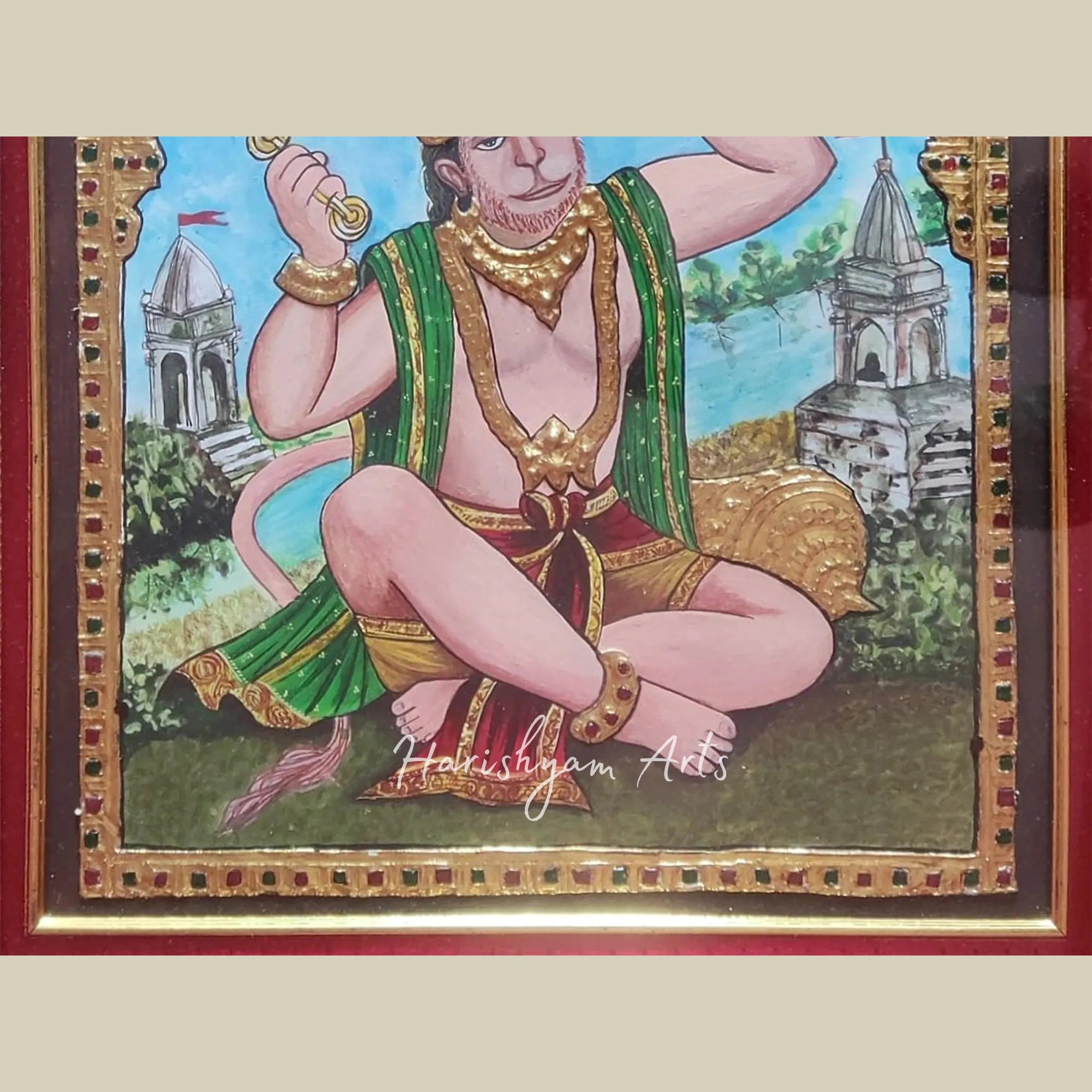 18" Bhajan Anandi Hanuman Tanjore Painting with Gold Foil Detailing4