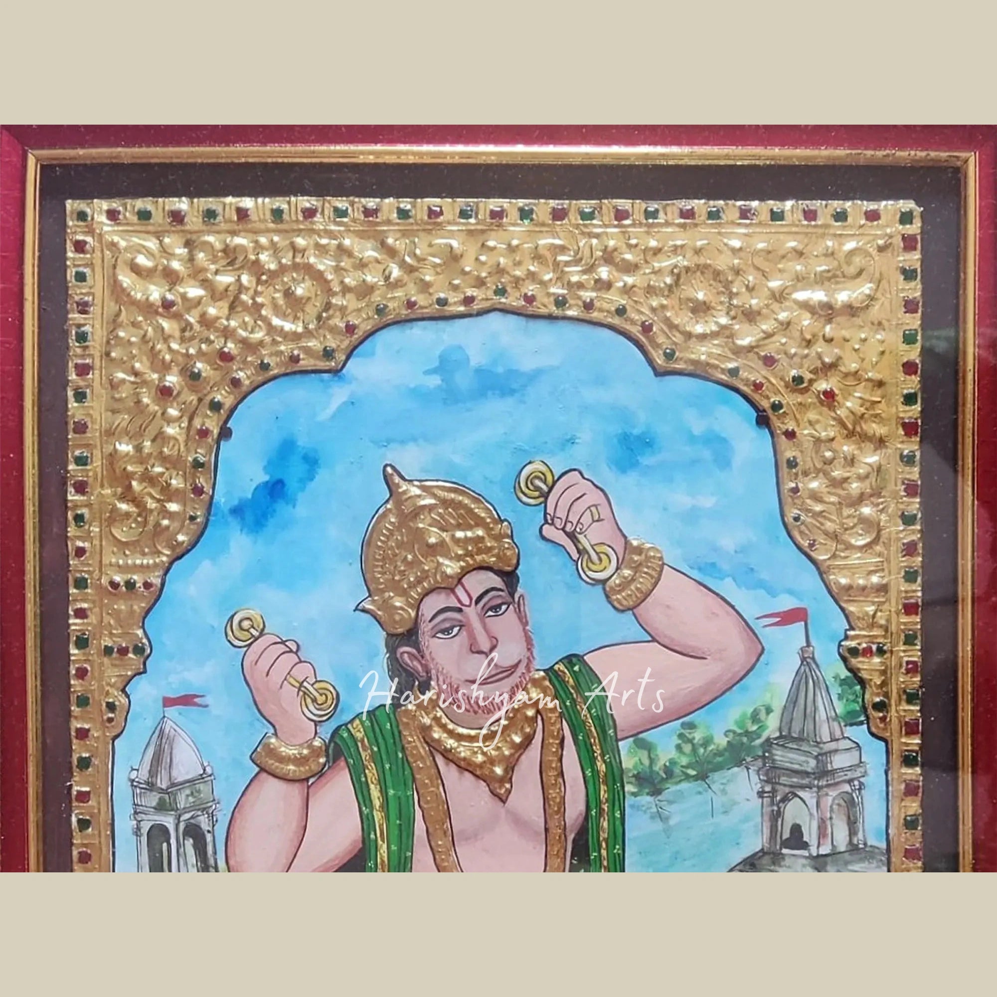 18" Bhajan Anandi Hanuman Tanjore Painting with Gold Foil Detailing5