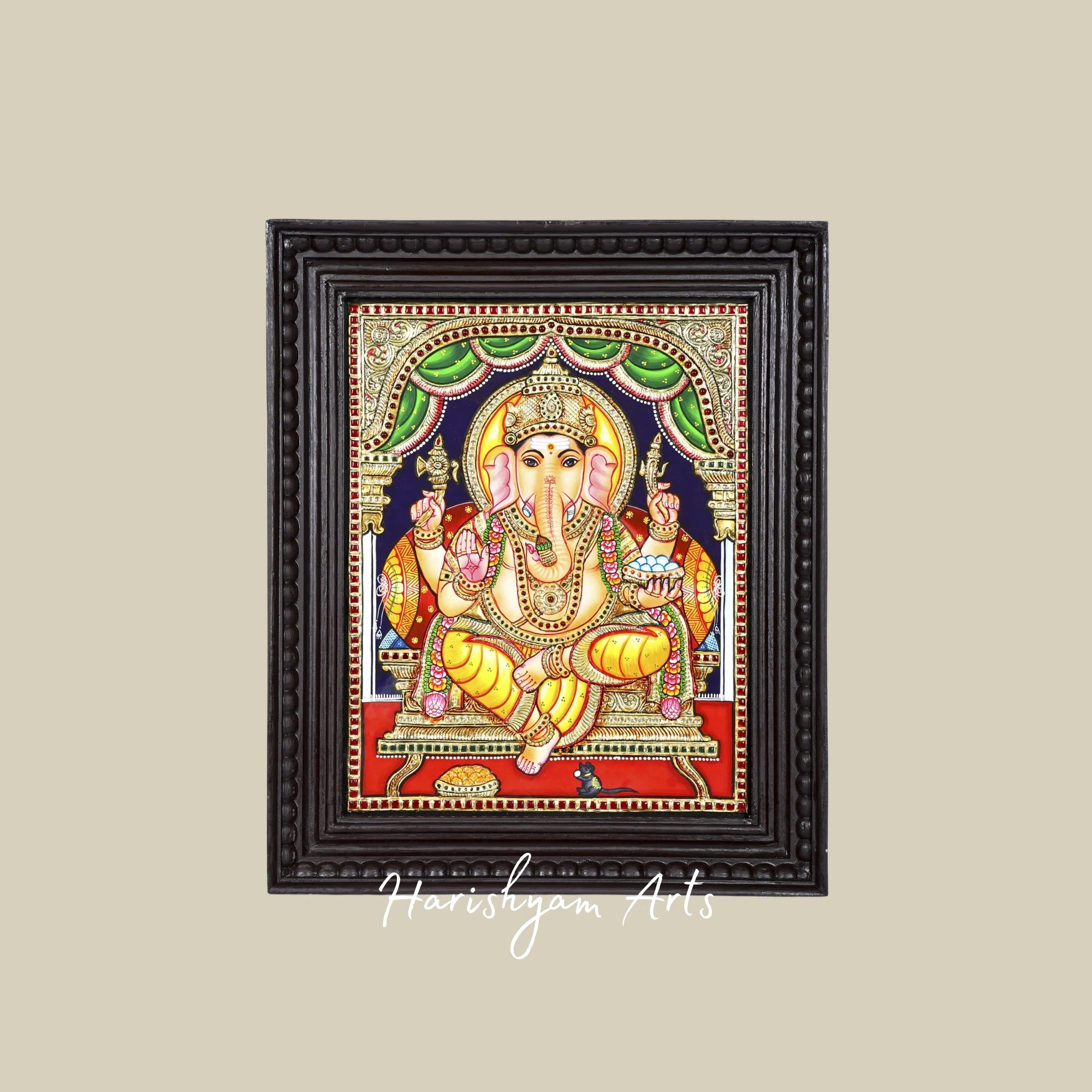 18" Blessing Lord Ganesha Tanjore Painting Seated on Throne with Elegant Frame