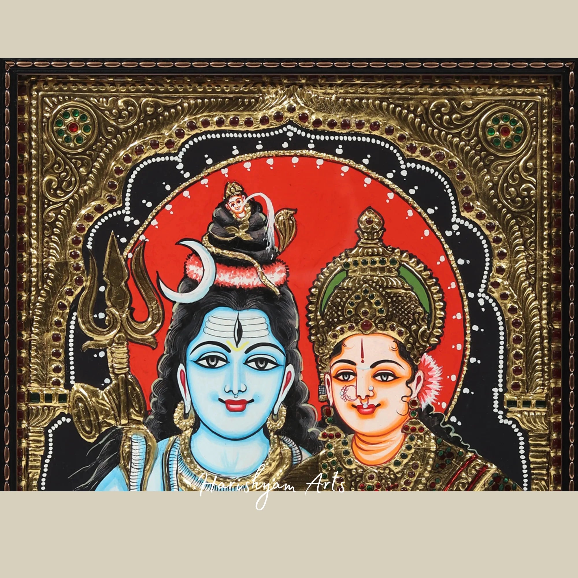 18" Blessing Shiva Parvati Tanjore Painting with Ornate Frame