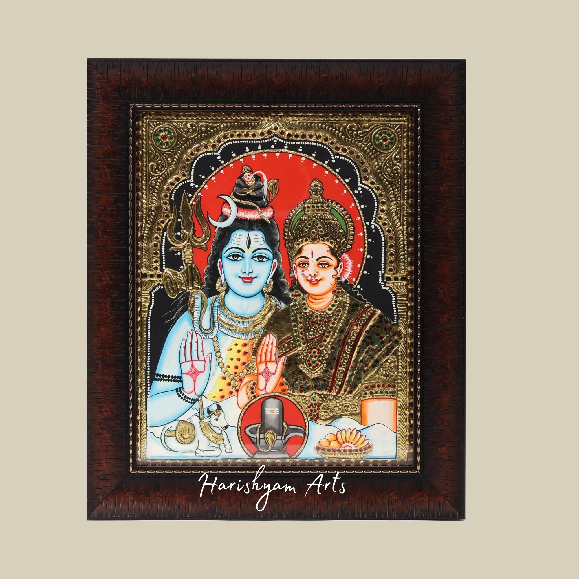 18" Blessing Shiva Parvati Tanjore Painting with Ornate Frame