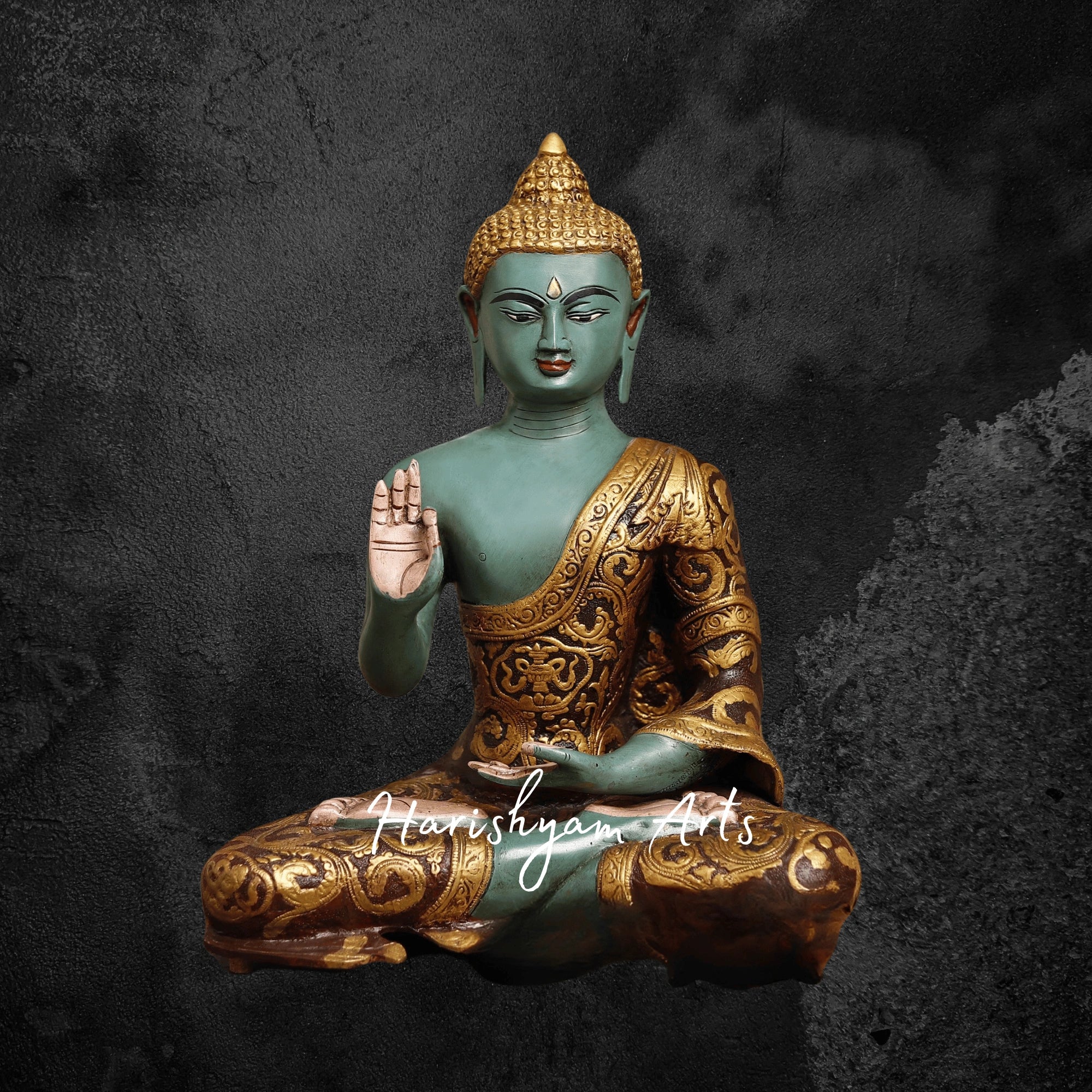 18" Brass Buddha Figurine Handcrafted in Blessing Posture with Colorful Detailing