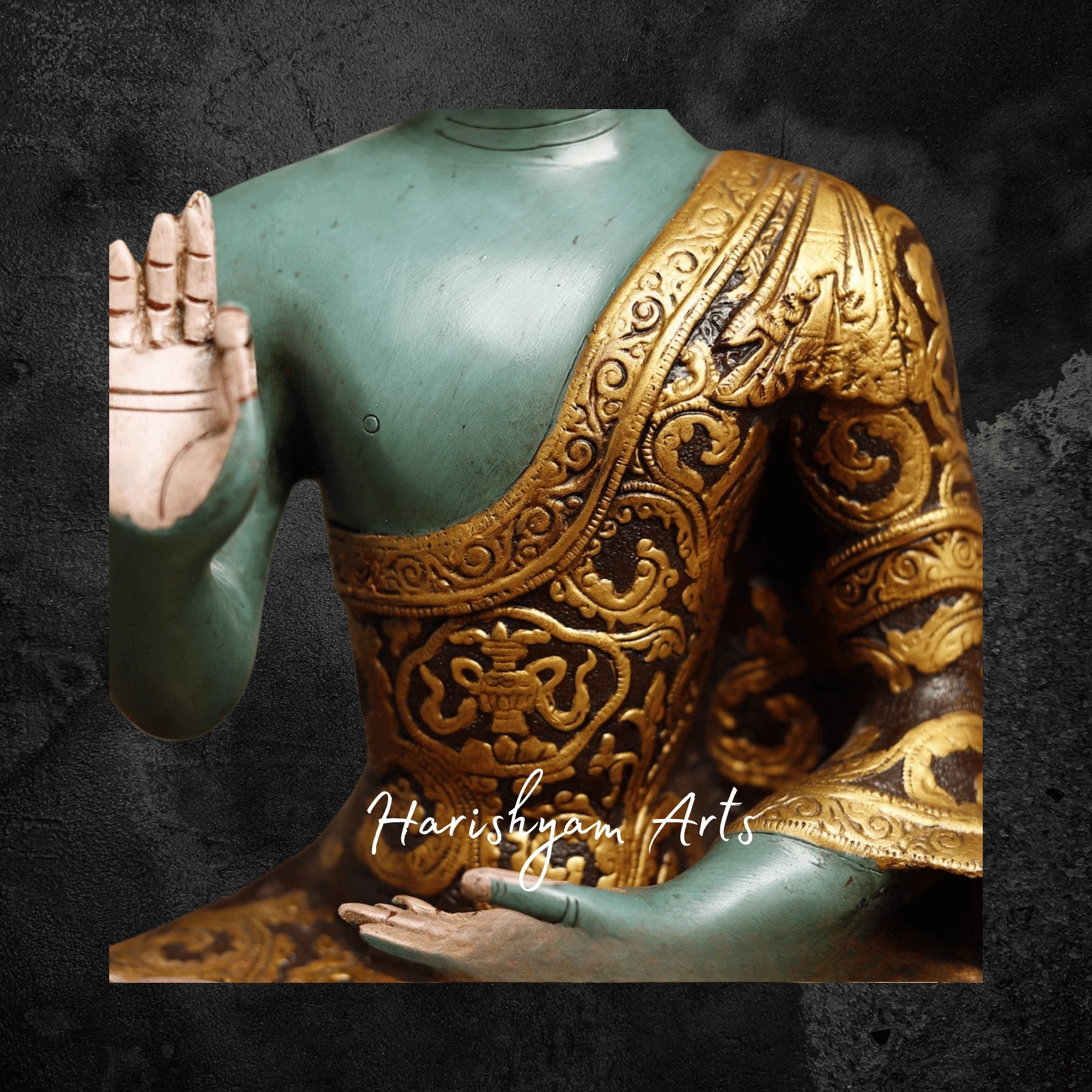 18" Brass Buddha Figurine Handcrafted in Blessing Posture with Colorful Detailing